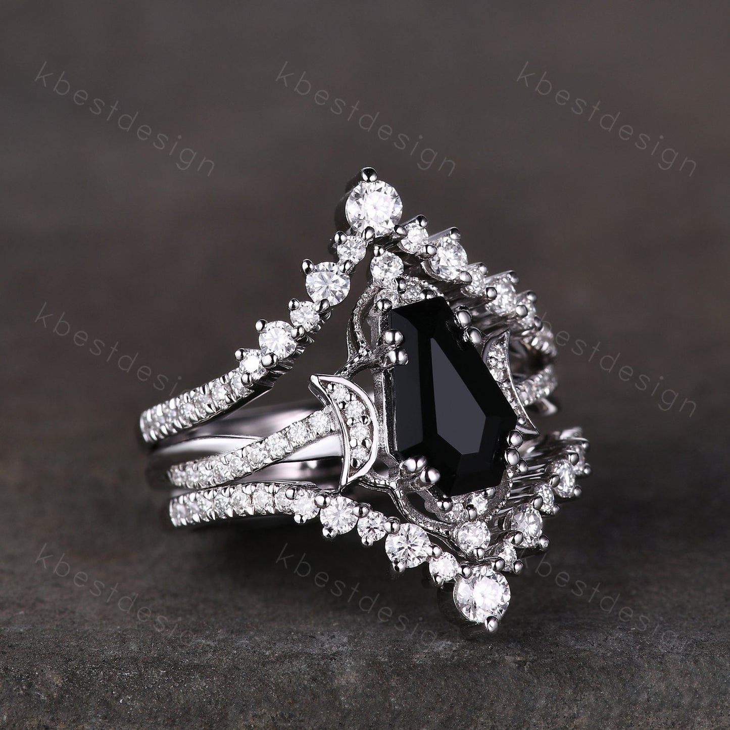 3PCS black onyx engagement ring sterling silver ring art deco curved stacking band coffin shaped bridal set unique moissanite wedding set
