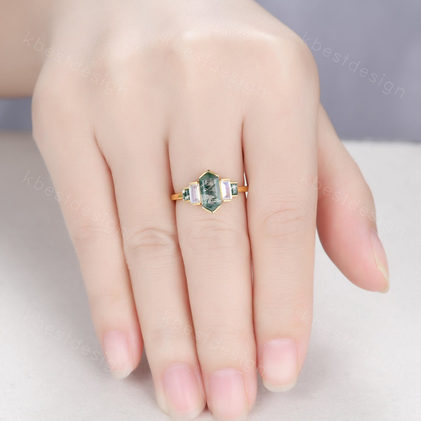 Retro hexagon Moss Agate engagement ring Yellow gold baguette Moonstone ring unique five stone ring Vintage Bridal wedding anniversary ring