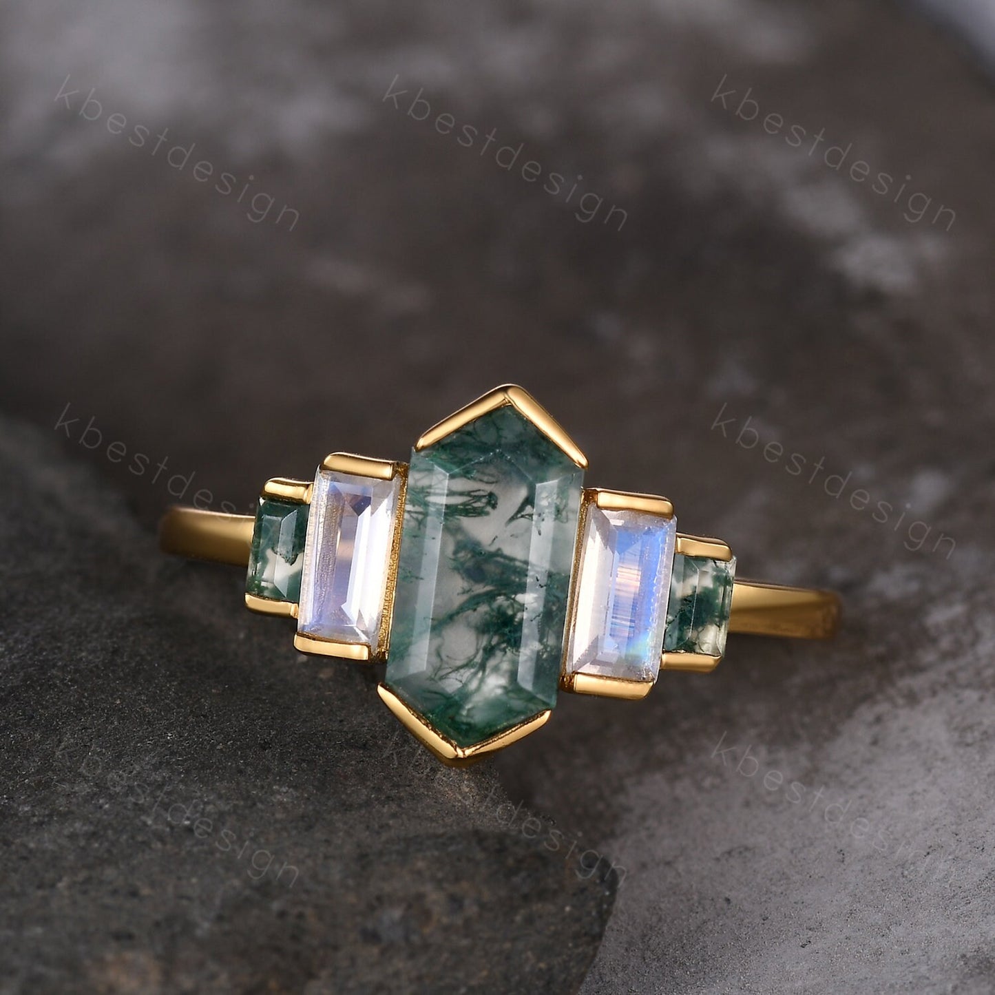 Retro hexagon Moss Agate engagement ring Yellow gold baguette Moonstone ring unique five stone ring Vintage Bridal wedding anniversary ring