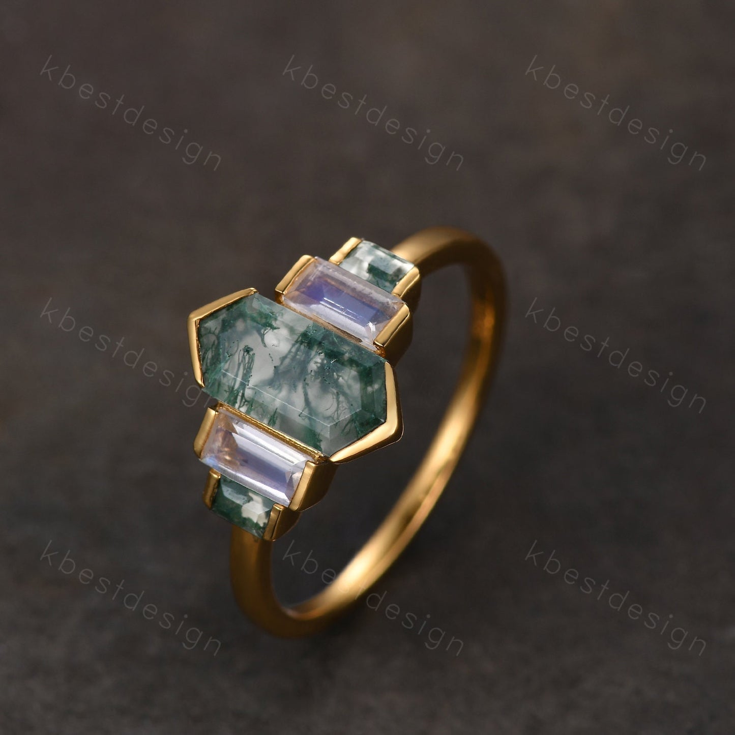 Retro hexagon Moss Agate engagement ring Yellow gold baguette Moonstone ring unique five stone ring Vintage Bridal wedding anniversary ring