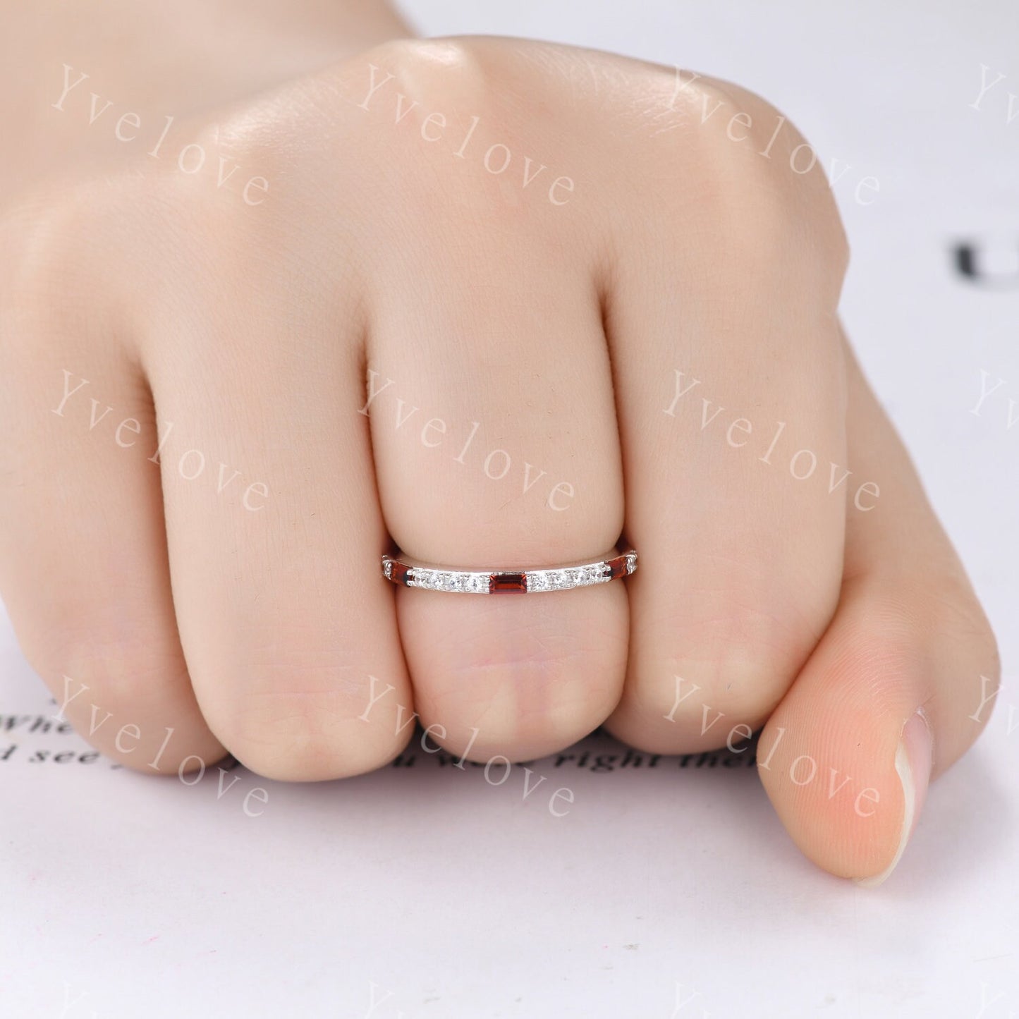 Garnet Ring,Minimalist Stackable Band,Baguette Red Garnet Diamond Wedding Ring,Half Eternity Wedding Band,Silver Ring,Anniversary Ring Gift