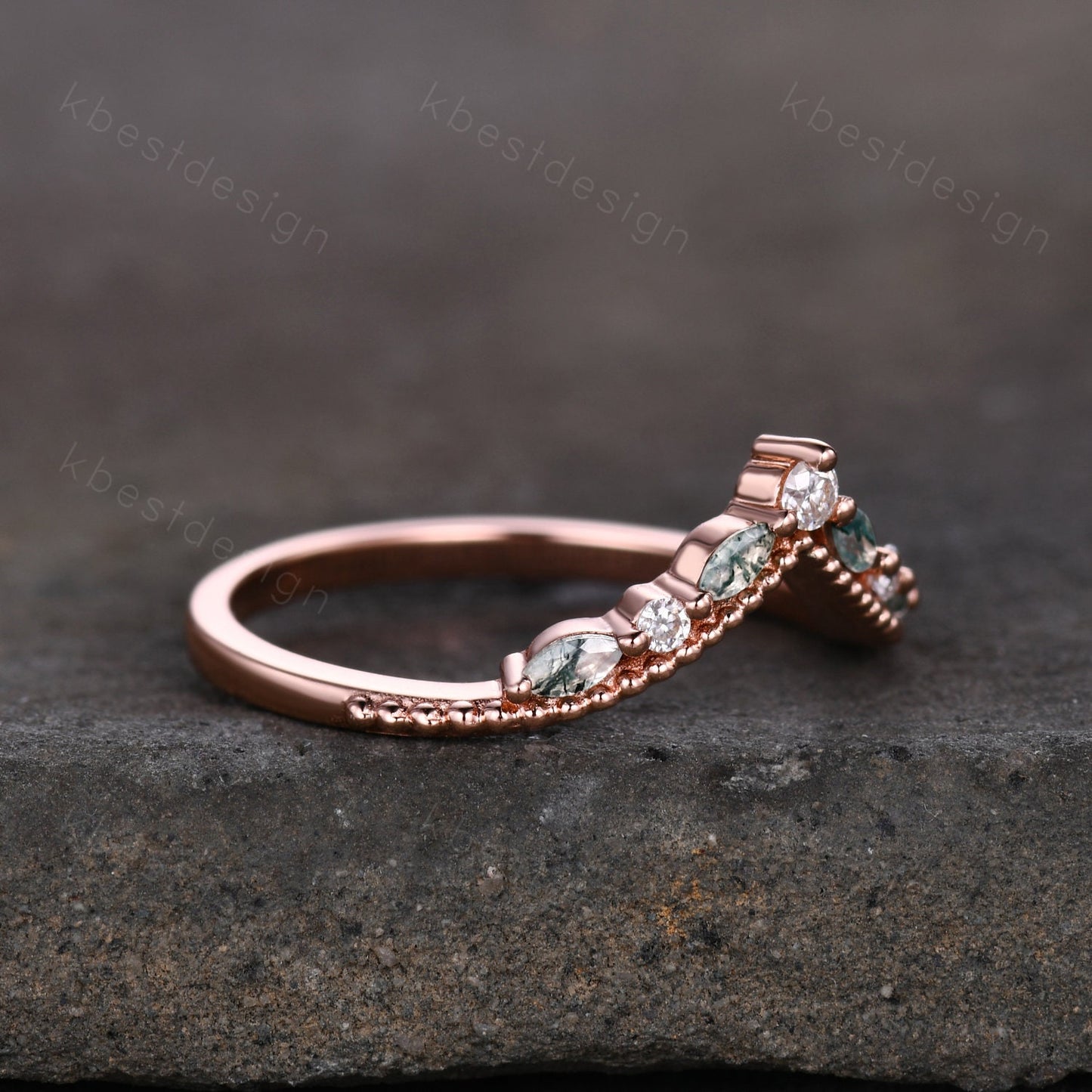 Curved Moss Agate wedding band rose gold wedding band Unique art deco moissanite stacking band Anniversary ring Women gift