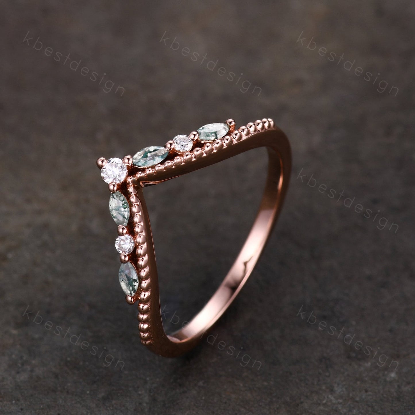 Curved Moss Agate wedding band rose gold wedding band Unique art deco moissanite stacking band Anniversary ring Women gift