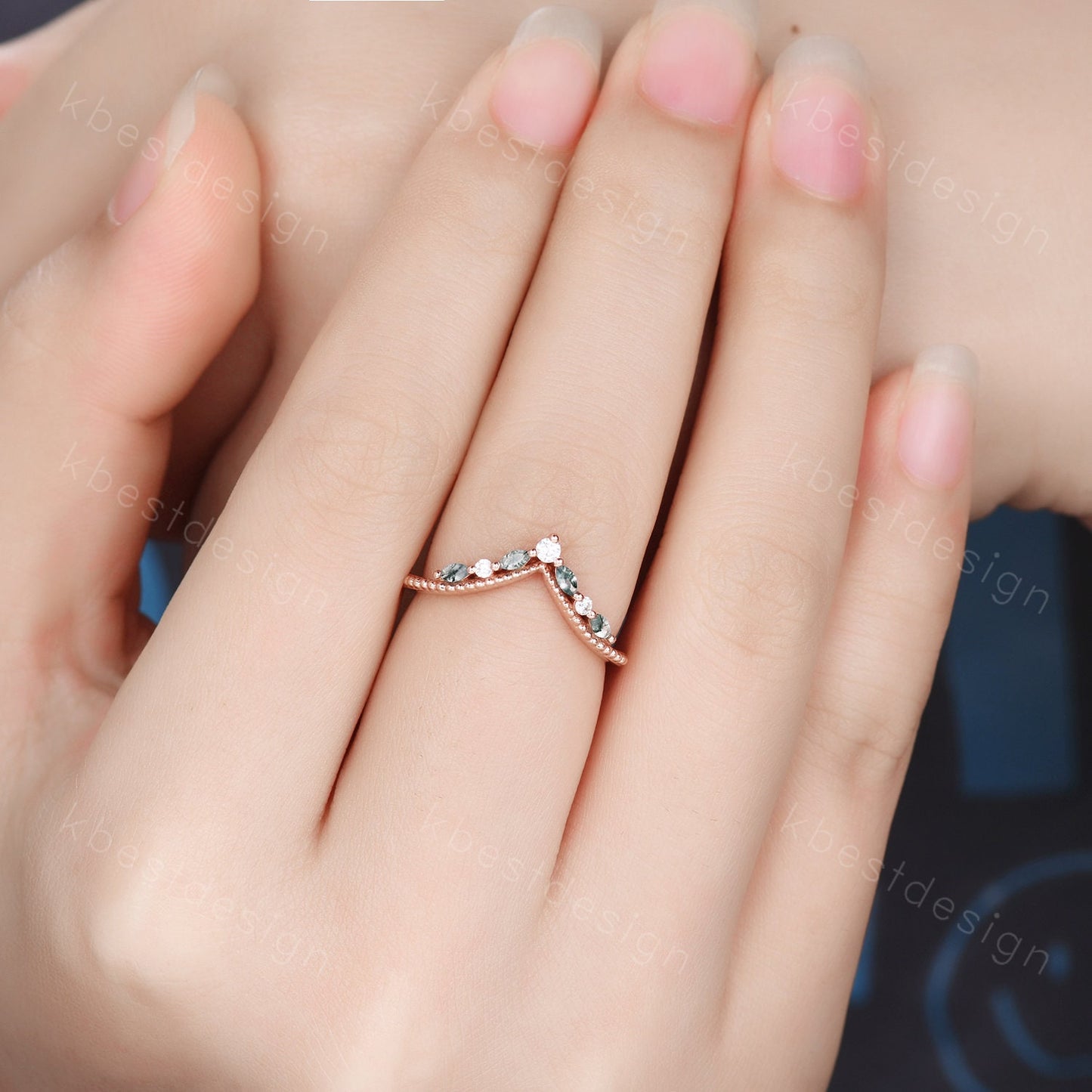 Curved Moss Agate wedding band rose gold wedding band Unique art deco moissanite stacking band Anniversary ring Women gift