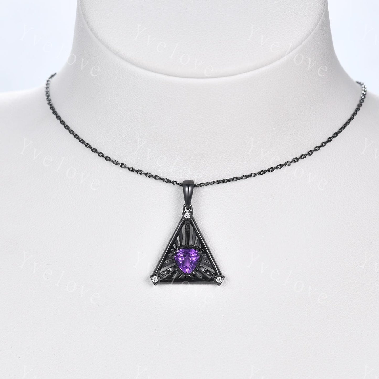 Gothic triangle cut amethyst pendant black gold unique trillion shape purple amethyst engagement necklace women retro wedding necklace gift