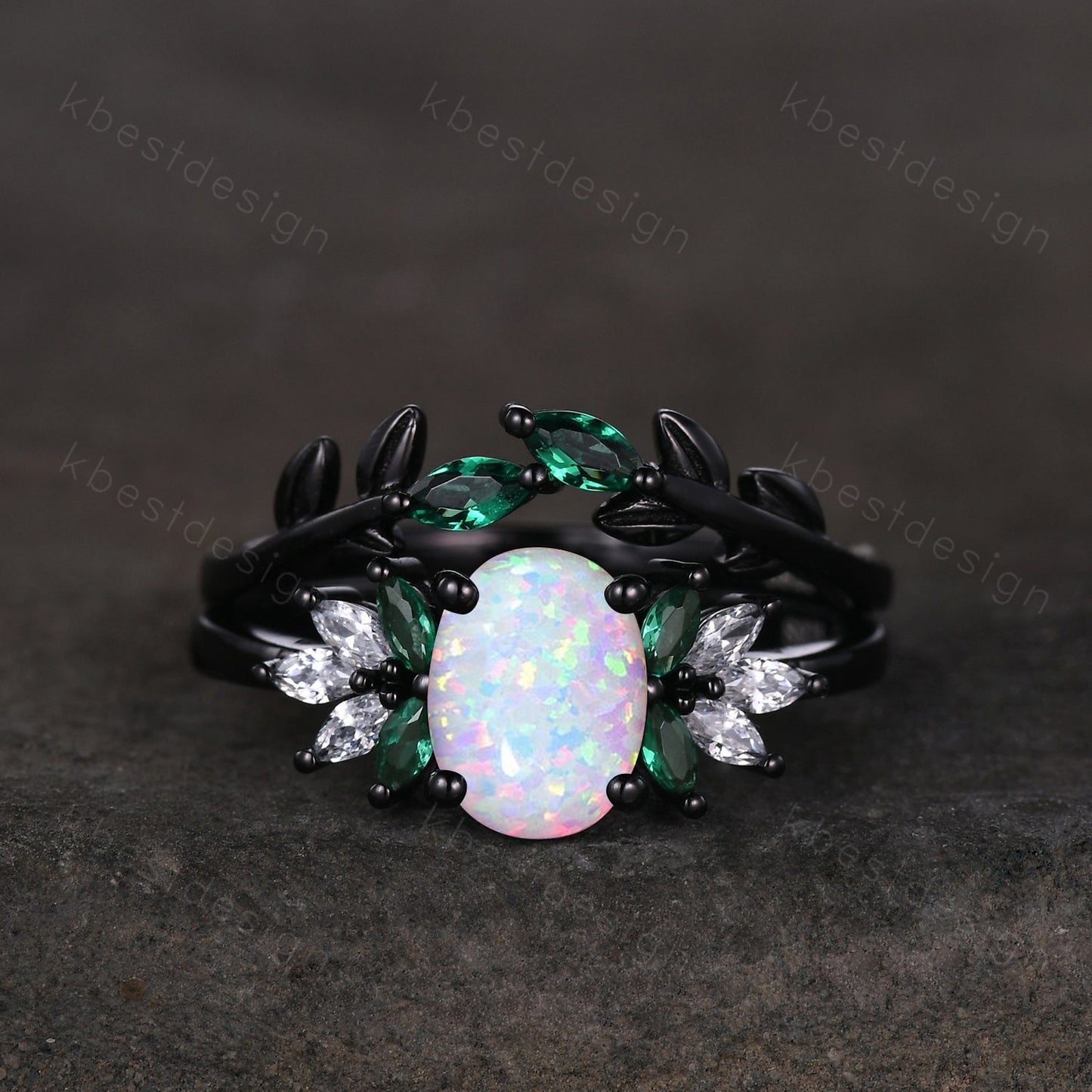 Vintage Opal Emerald Engagement Ring Unique Marquise Moissanite Cluster Ring Black Gold Ring Oval cut Bridal Set White Fire Opal Wedding Set
