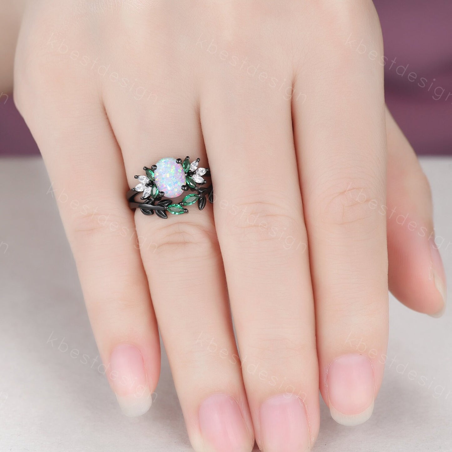Vintage Opal Emerald Engagement Ring Unique Marquise Moissanite Cluster Ring Black Gold Ring Oval cut Bridal Set White Fire Opal Wedding Set