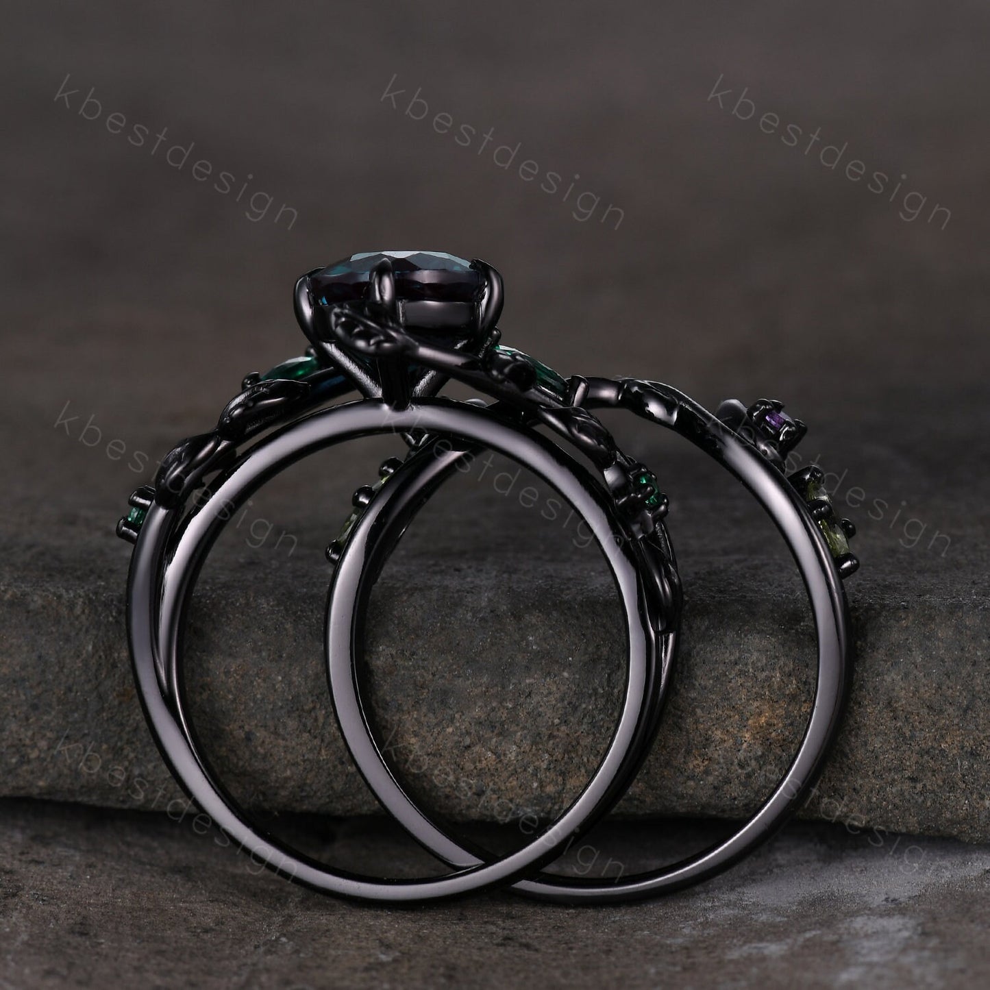 Vintage round cut black onyx engagement ring black gold emerald cluster leaf wedding ring set nature inspired bridal promise ring for her