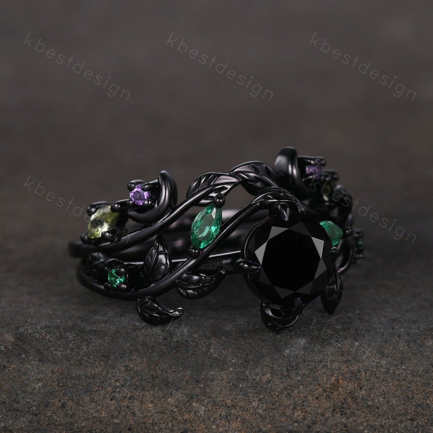 Vintage round cut black onyx engagement ring black gold emerald cluster leaf wedding ring set nature inspired bridal promise ring for her