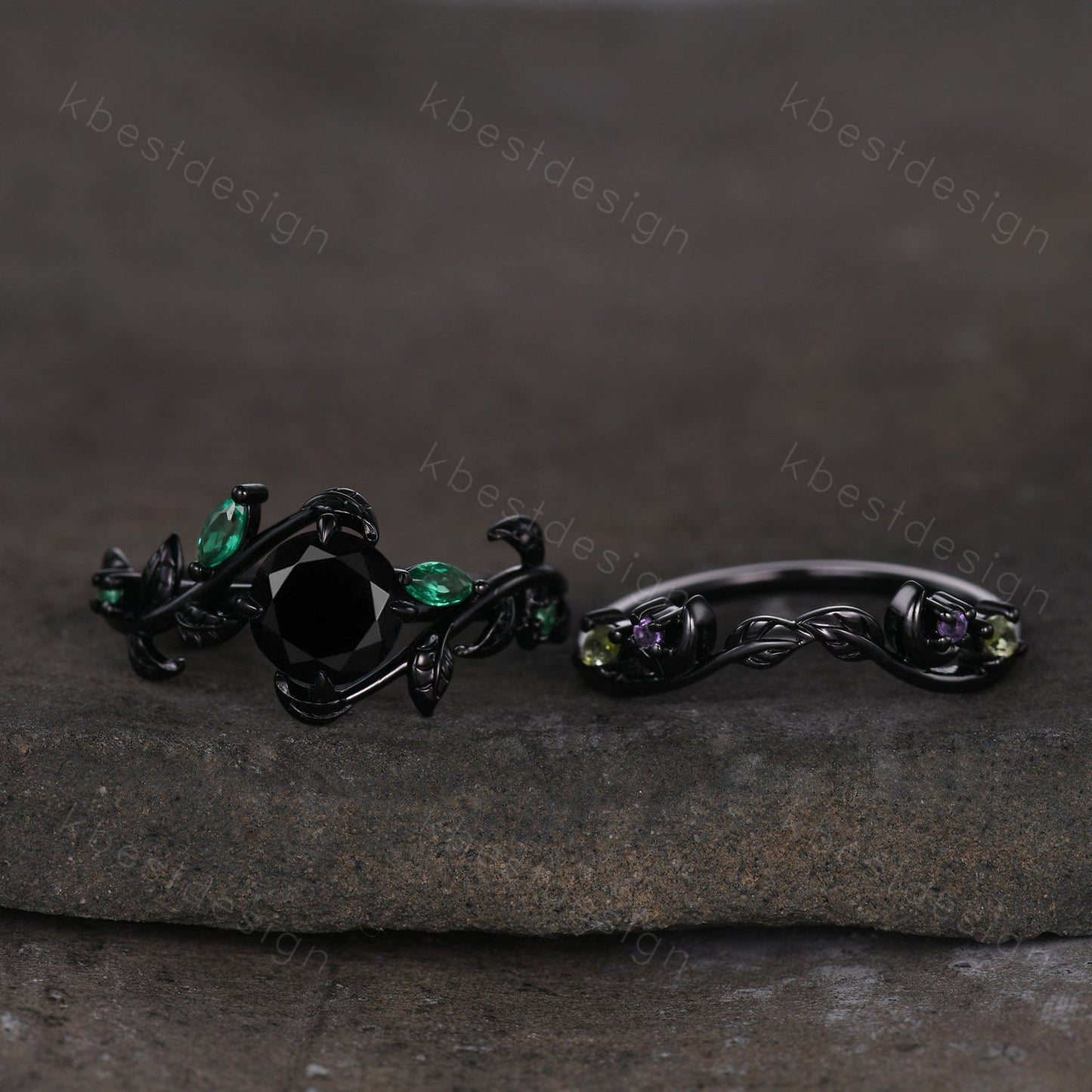 Vintage round cut black onyx engagement ring black gold emerald cluster leaf wedding ring set nature inspired bridal promise ring for her