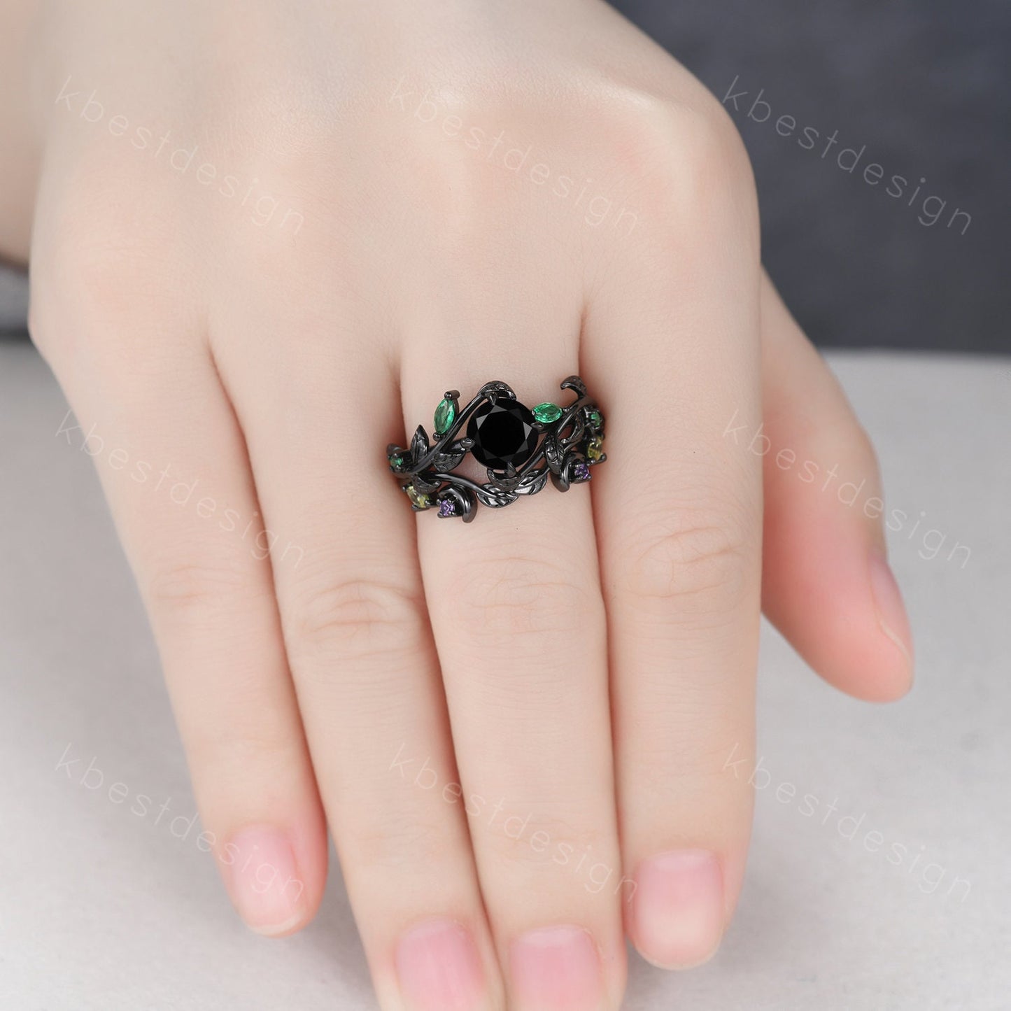 Vintage round cut black onyx engagement ring black gold emerald cluster leaf wedding ring set nature inspired bridal promise ring for her