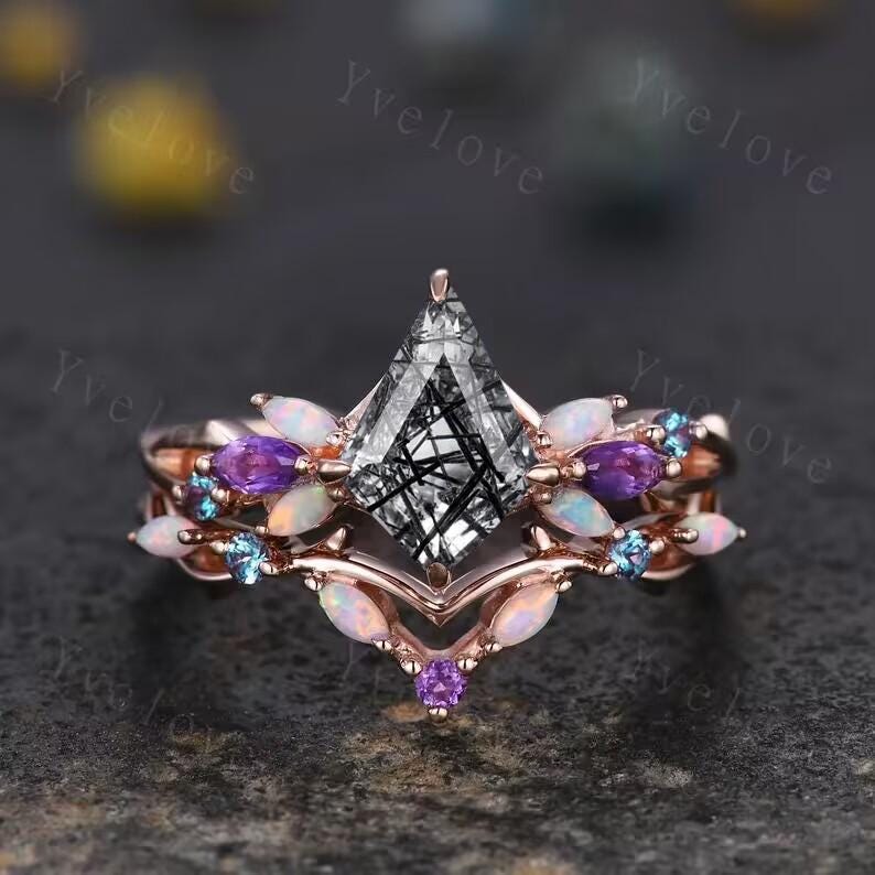 Vintage Kite Black Rutilated Quartz Engagement Ring Set,Black Gold,Vines Amethyst Opal Ring,Women Bridal Set,Unique Twig Promise Ring Gift