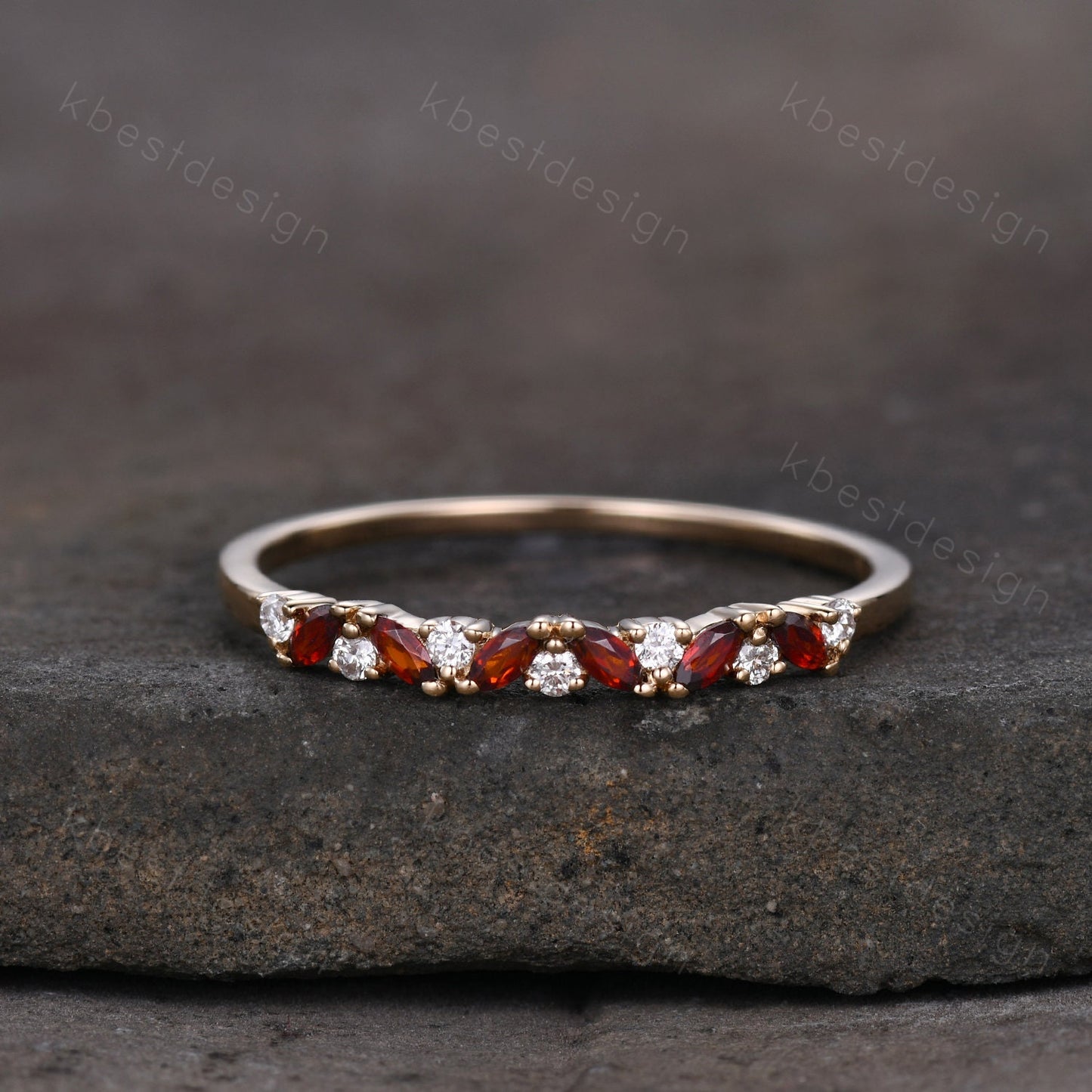 Garnet cluster wedding band Unique marquise cut garnet wedding band Vintage Moissanite ring Solid rose gold ring Anniversary gift for Her