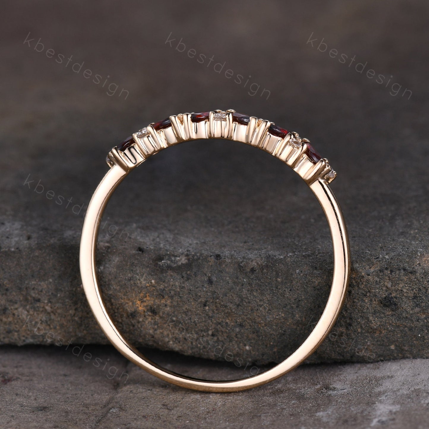Garnet cluster wedding band Unique marquise cut garnet wedding band Vintage Moissanite ring Solid rose gold ring Anniversary gift for Her