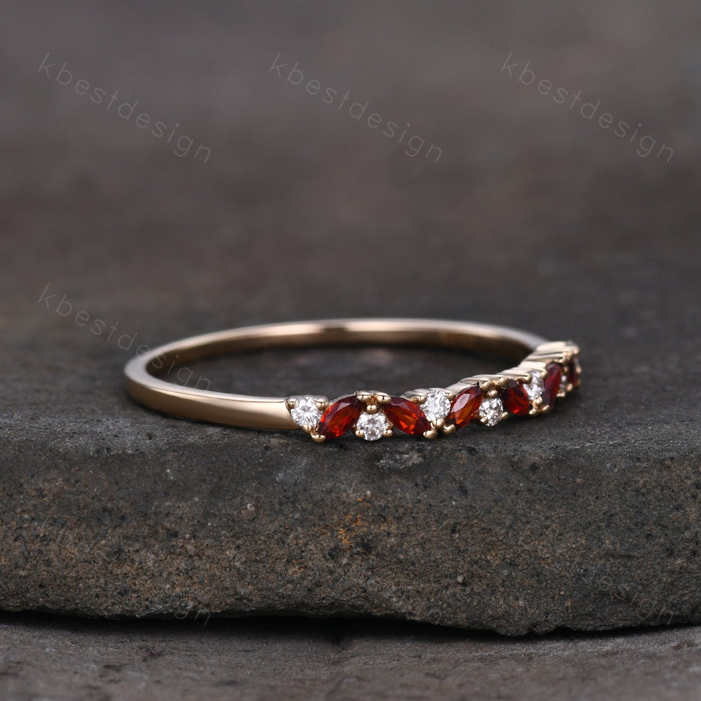 Garnet cluster wedding band Unique marquise cut garnet wedding band Vintage Moissanite ring Solid rose gold ring Anniversary gift for Her