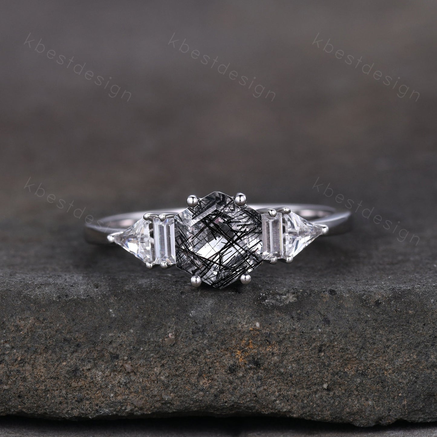 Hexagon cut black rutilated quartz engagement ring vintage unique multi shaped moissanite ring art deco promise ring anniversary gift