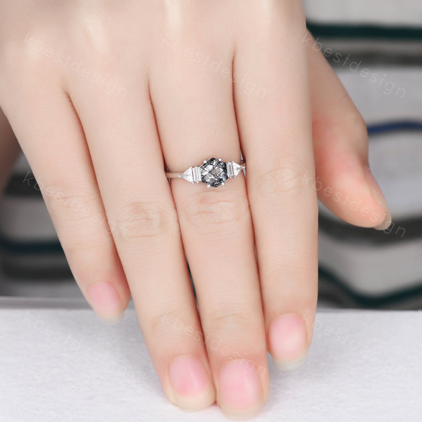 Hexagon cut black rutilated quartz engagement ring vintage unique multi shaped moissanite ring art deco promise ring anniversary gift