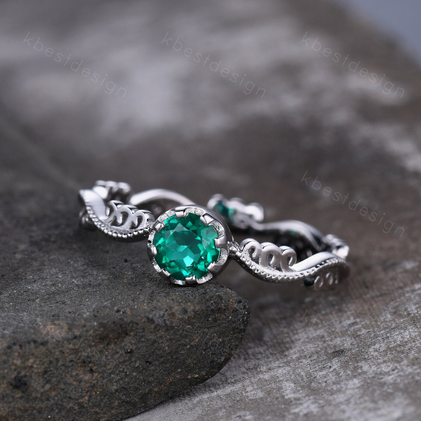 Antique emerald engagement ring 5mm round cut green emerald ring art deco filigree ring unique design bridal promise ring May birthstone
