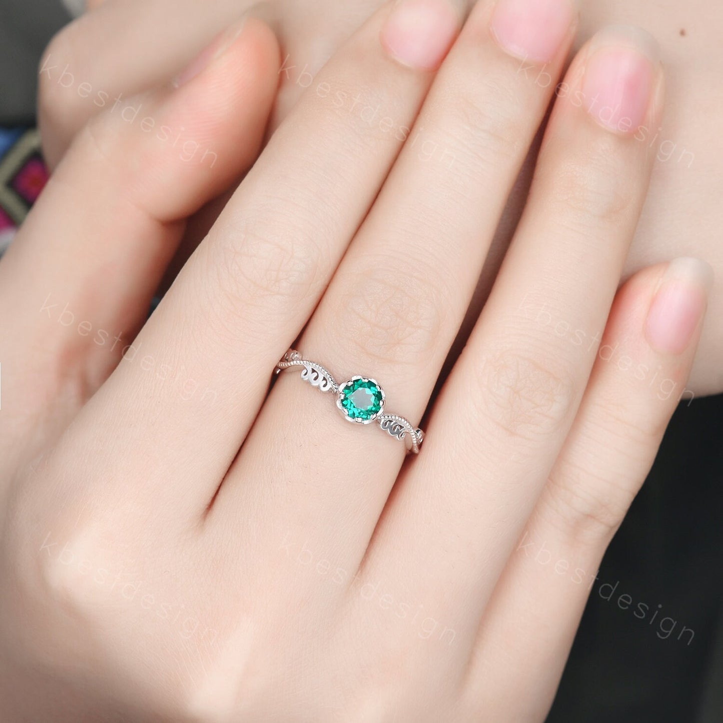 Antique emerald engagement ring 5mm round cut green emerald ring art deco filigree ring unique design bridal promise ring May birthstone