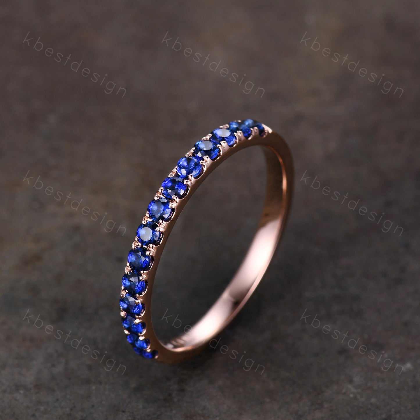 Half Eternity Blue Sapphire Wedding Band Rose Gold Band for Women 2mm Sapphire Stacking Band September Birthstone Ring Anniversary Ring