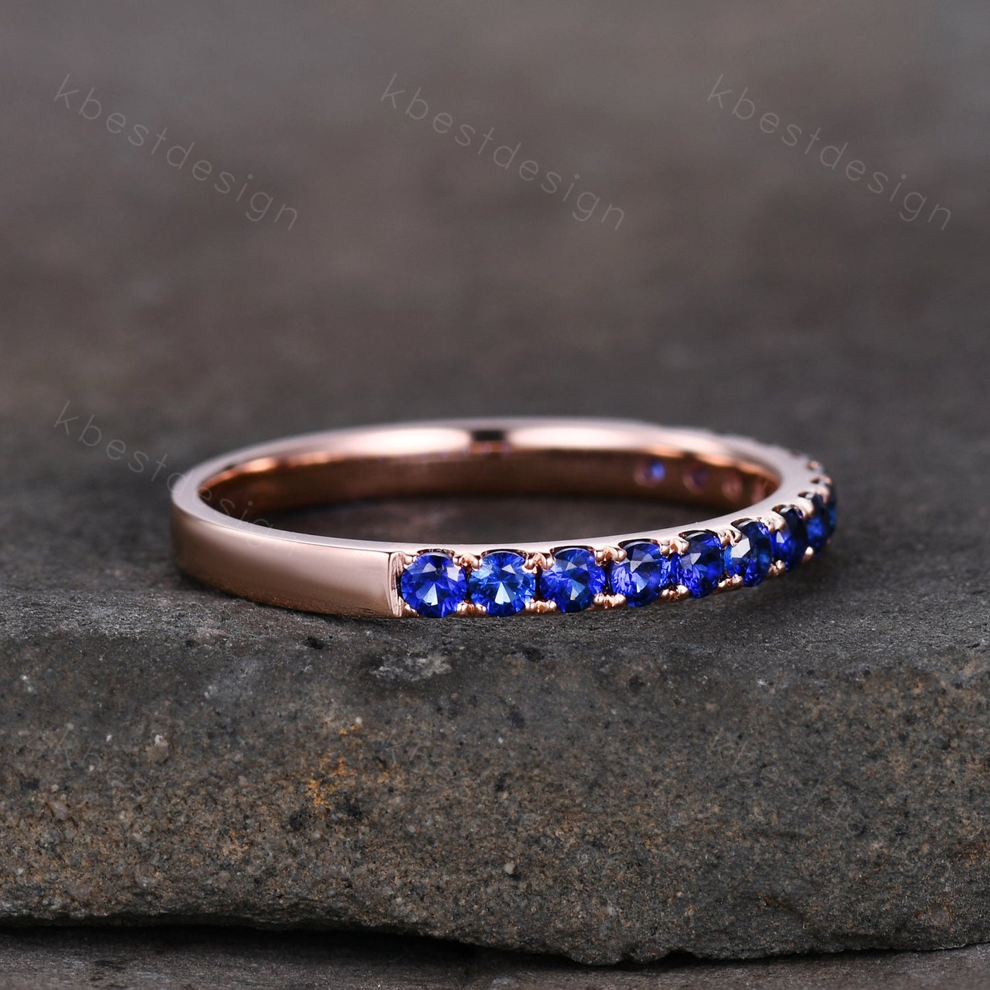 Half Eternity Blue Sapphire Wedding Band Rose Gold Band for Women 2mm Sapphire Stacking Band September Birthstone Ring Anniversary Ring