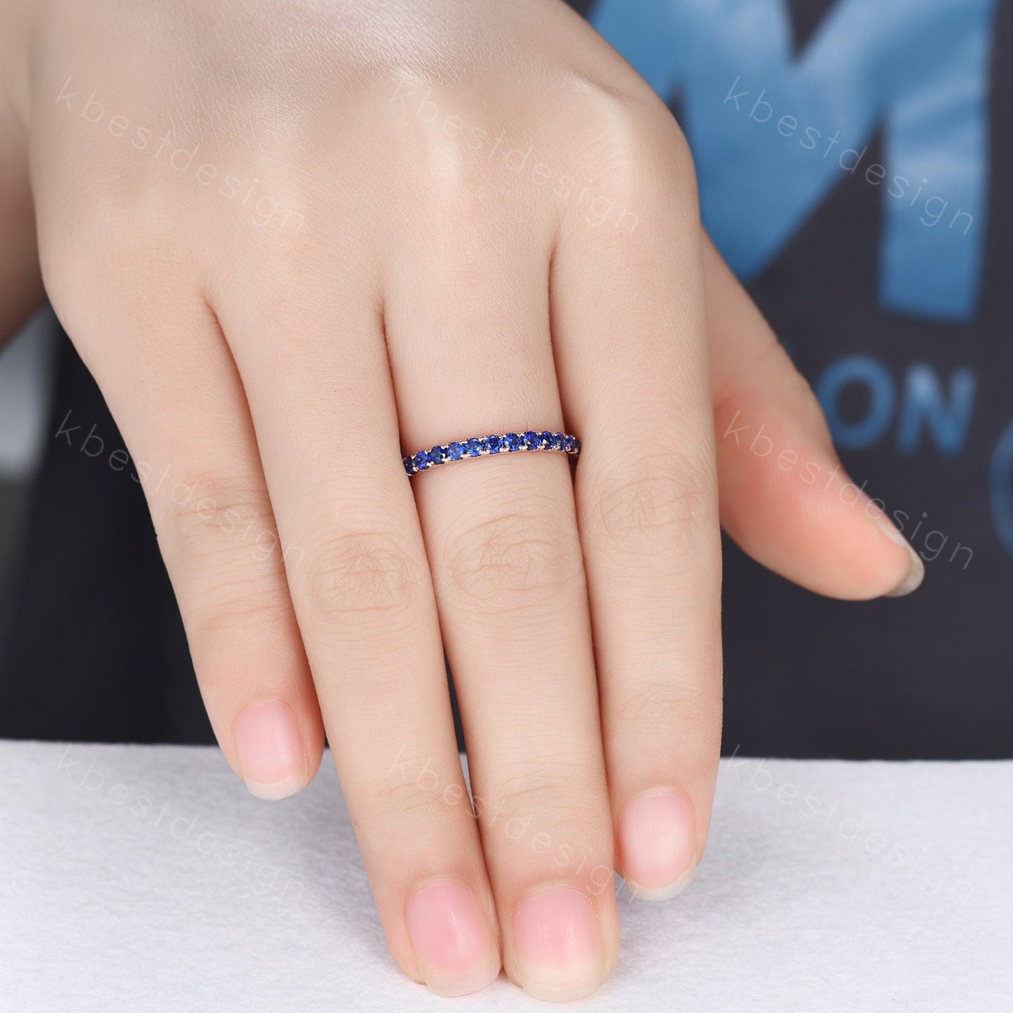 Half Eternity Blue Sapphire Wedding Band Rose Gold Band for Women 2mm Sapphire Stacking Band September Birthstone Ring Anniversary Ring