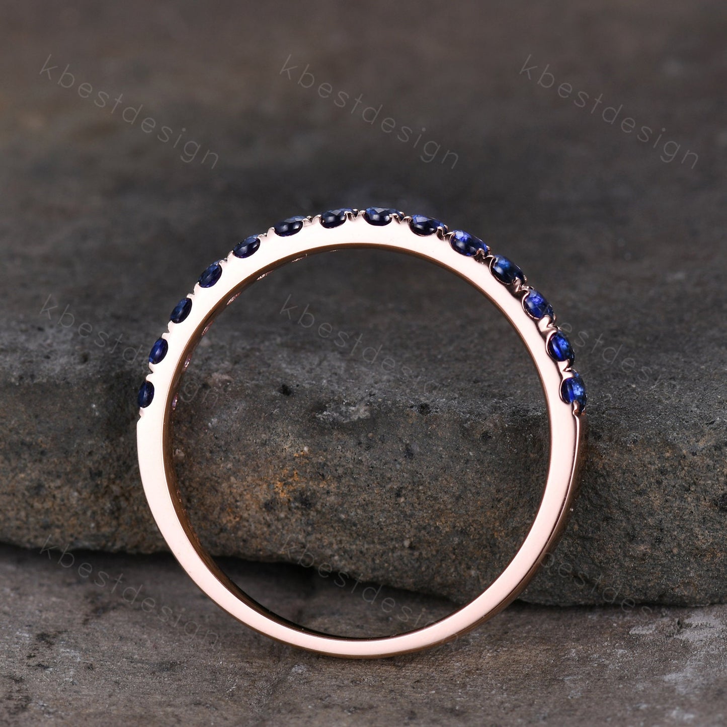 Half Eternity Blue Sapphire Wedding Band Rose Gold Band for Women 2mm Sapphire Stacking Band September Birthstone Ring Anniversary Ring
