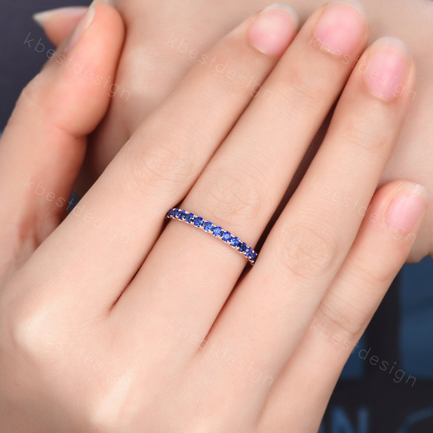 Half Eternity Blue Sapphire Wedding Band Rose Gold Band for Women 2mm Sapphire Stacking Band September Birthstone Ring Anniversary Ring