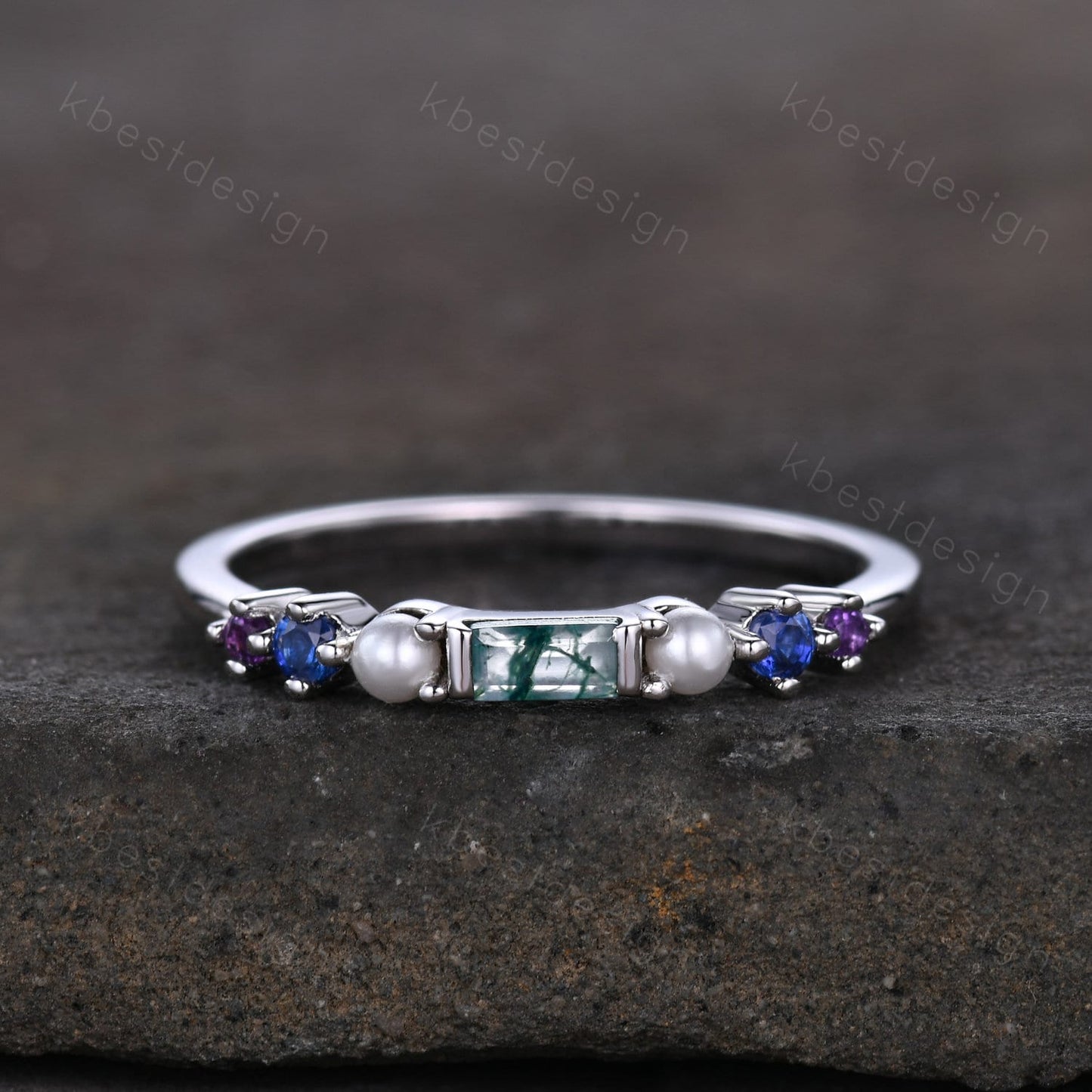 Baguette Moss Agate Ring,Blue Sapphire and Pearl Wedding Band,Unique Multi Gemstone Ring,Birthstone Jewelry,Gift For Mom,Personalized Gift