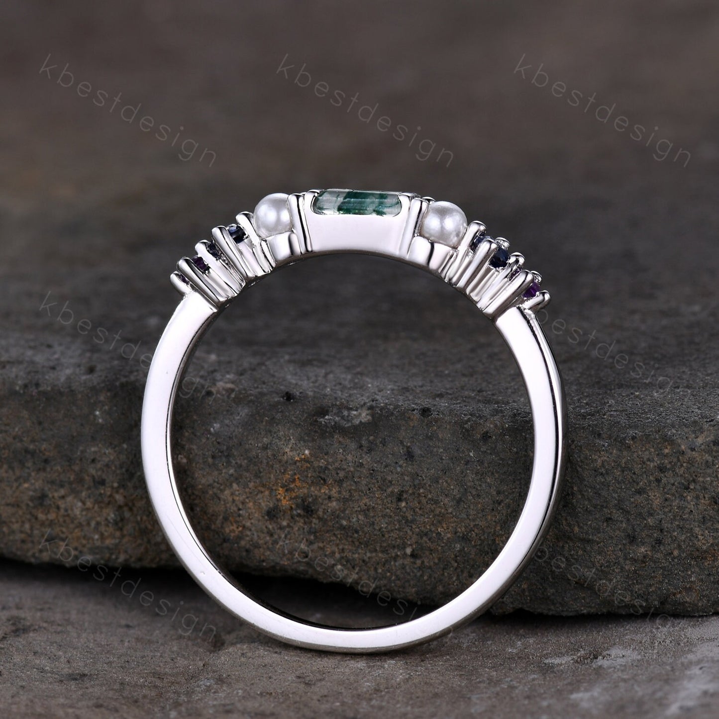 Baguette Moss Agate Ring,Blue Sapphire and Pearl Wedding Band,Unique Multi Gemstone Ring,Birthstone Jewelry,Gift For Mom,Personalized Gift
