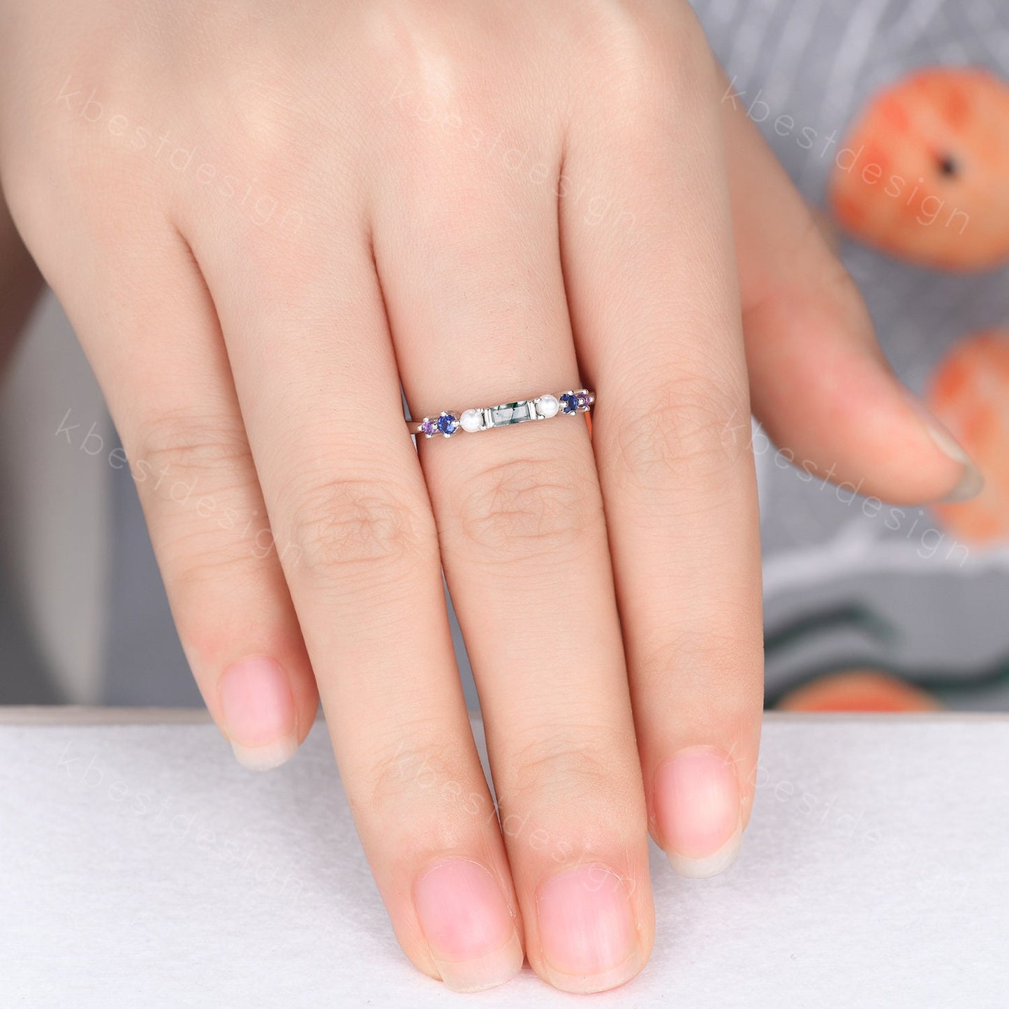 Baguette Moss Agate Ring,Blue Sapphire and Pearl Wedding Band,Unique Multi Gemstone Ring,Birthstone Jewelry,Gift For Mom,Personalized Gift