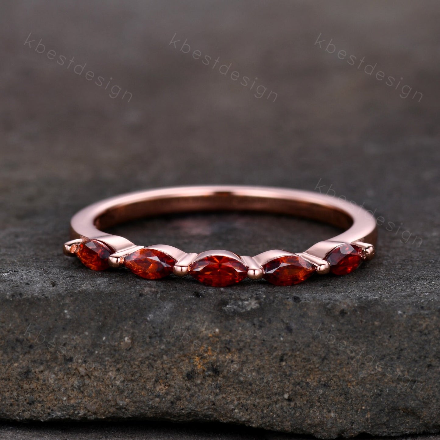 Marquise cut Garnet Wedding Band,Rose Gold Wedding Band,Unique Five Stone Ring,January Birthstone Jewelry,Gift For Mom,Personalized Ring