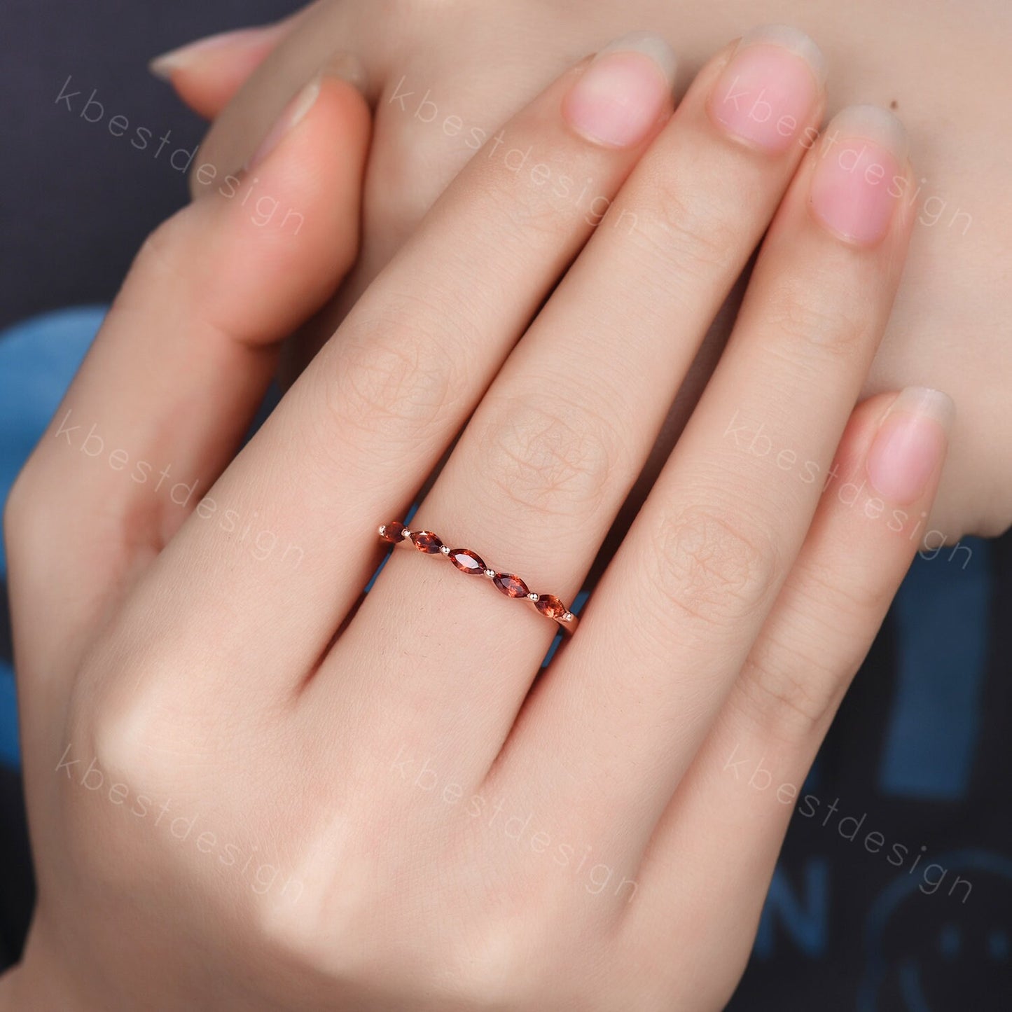 Marquise cut Garnet Wedding Band,Rose Gold Wedding Band,Unique Five Stone Ring,January Birthstone Jewelry,Gift For Mom,Personalized Ring