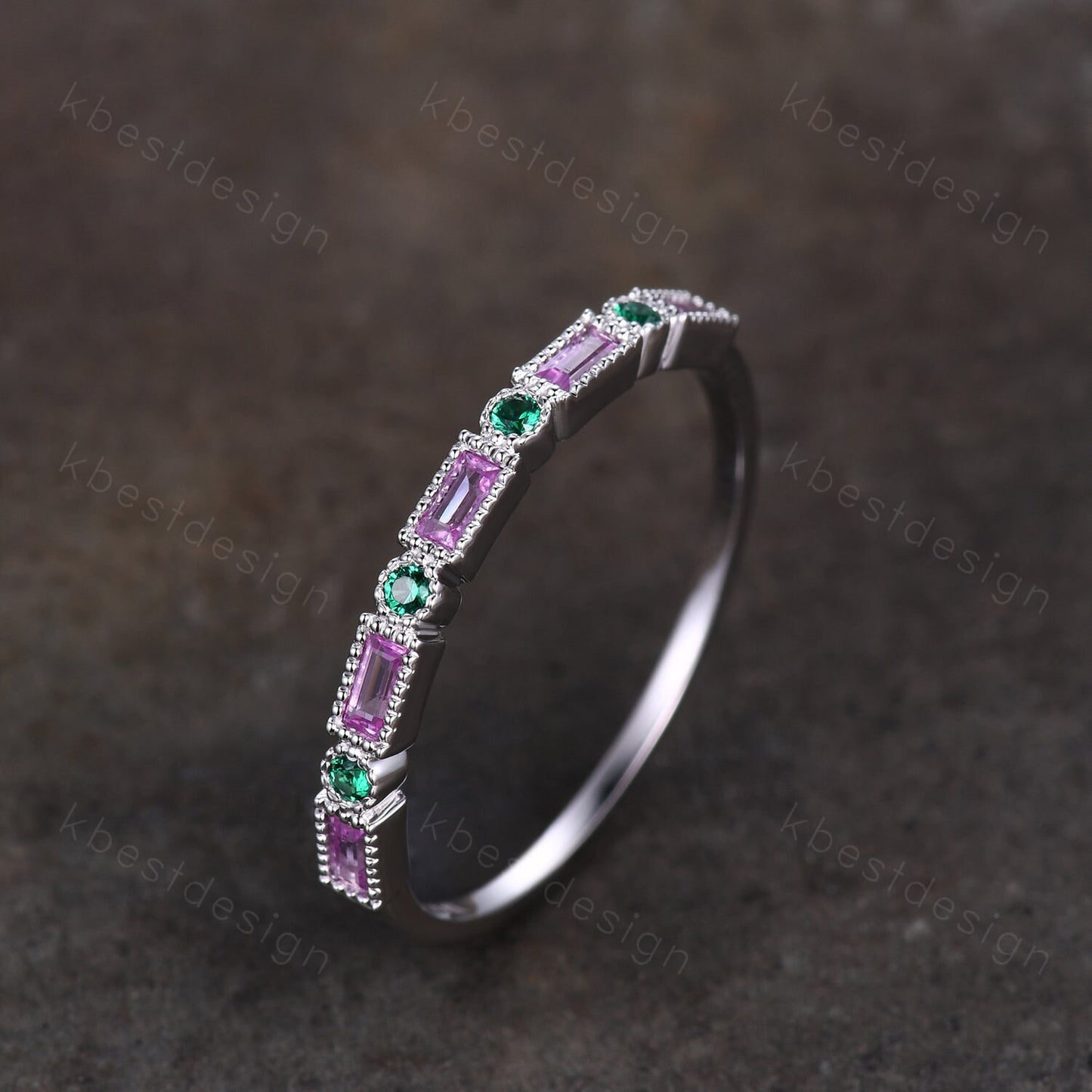 Baguette cut pink sapphire wedding band unique art deco half eternity band silver emerald band dainty stacking band anniversary gift