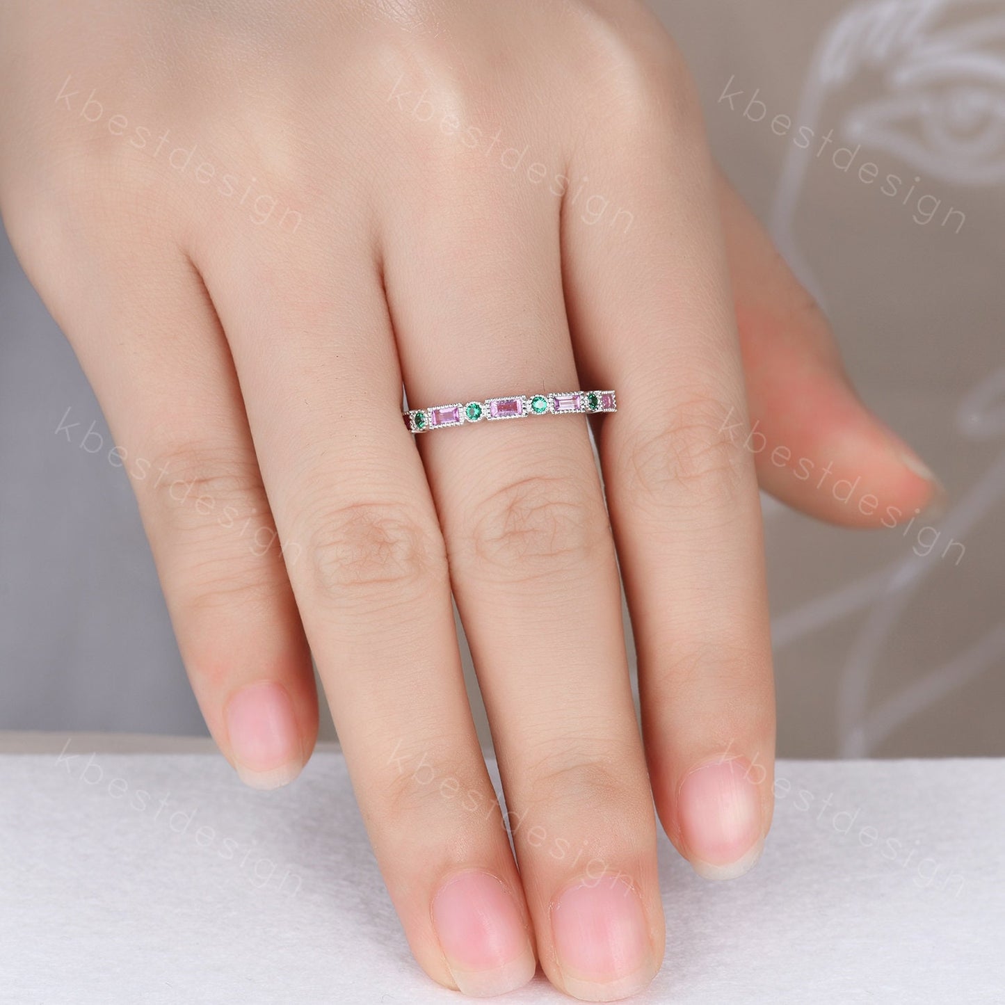 Baguette cut pink sapphire wedding band unique art deco half eternity band silver emerald band dainty stacking band anniversary gift
