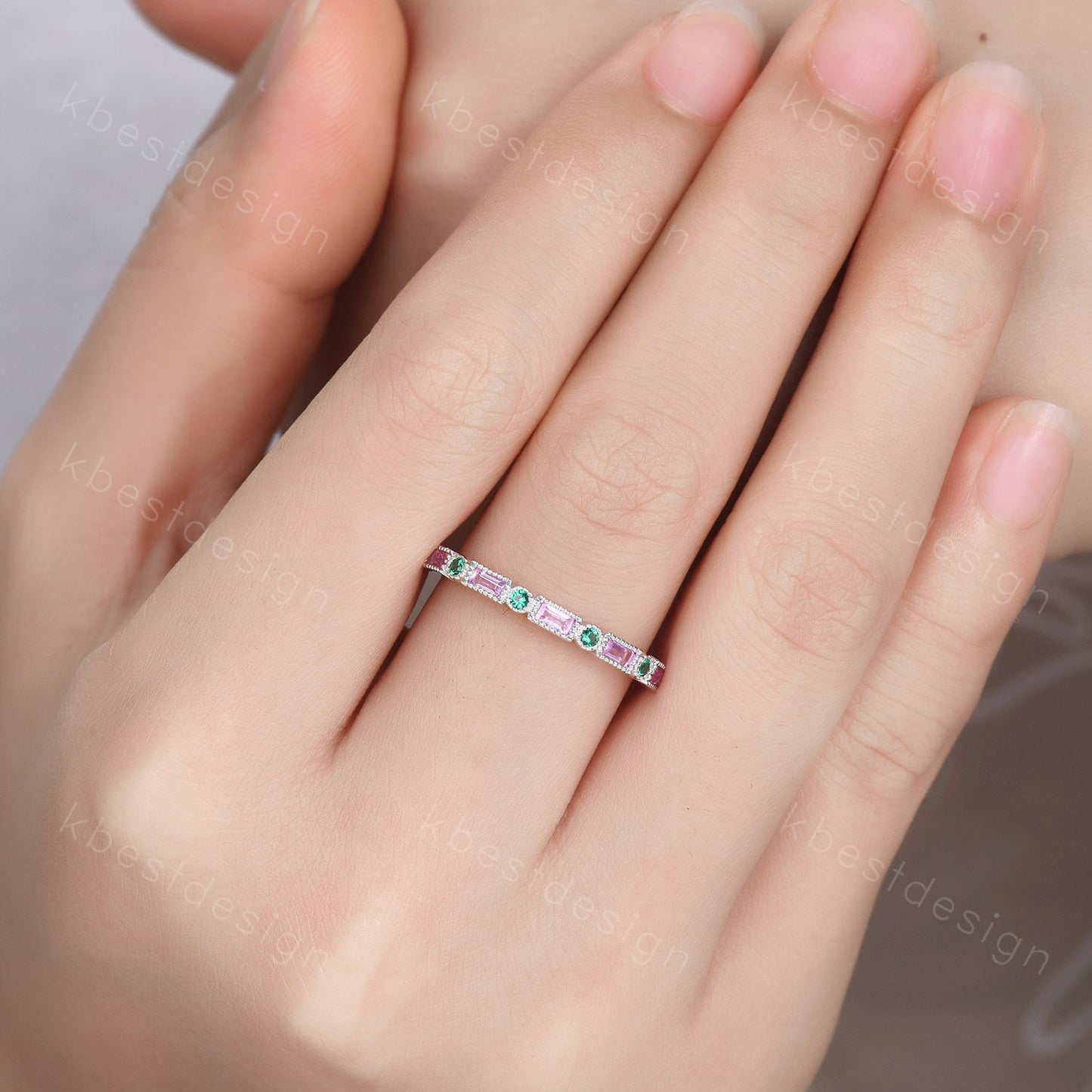 Baguette cut pink sapphire wedding band unique art deco half eternity band silver emerald band dainty stacking band anniversary gift