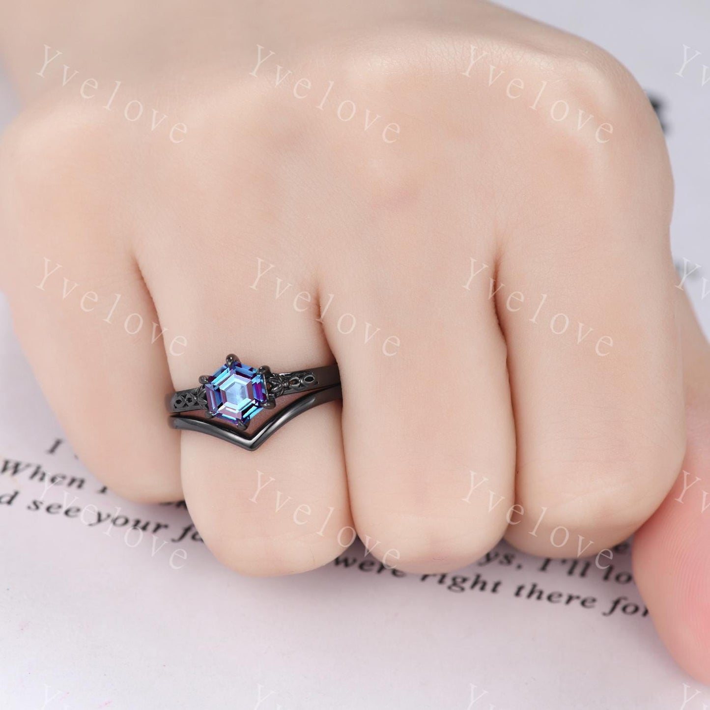 Vintage Alexandrite Engagement Ring,14k Black Gold Ring,Hexagon Cut Bridal Ring,Art Deco Alexandrite Anniversary Gift Promise Ring For Her