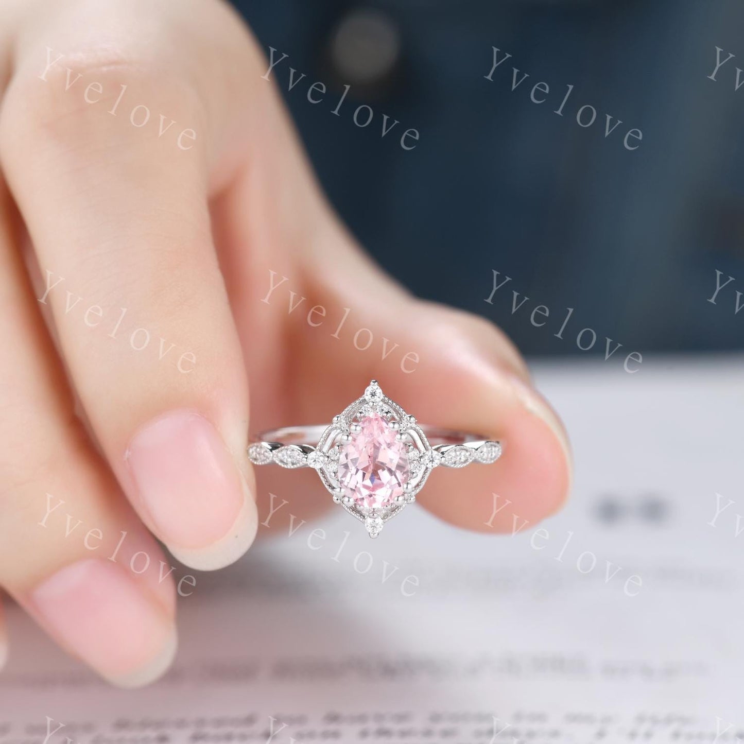 Vintage Pink Sapphire Engagement Ring,Teardrop Sapphire Ring Set,14K White Gold,Unique Women Moissanite Promise Ring For Her,Handmade Gift