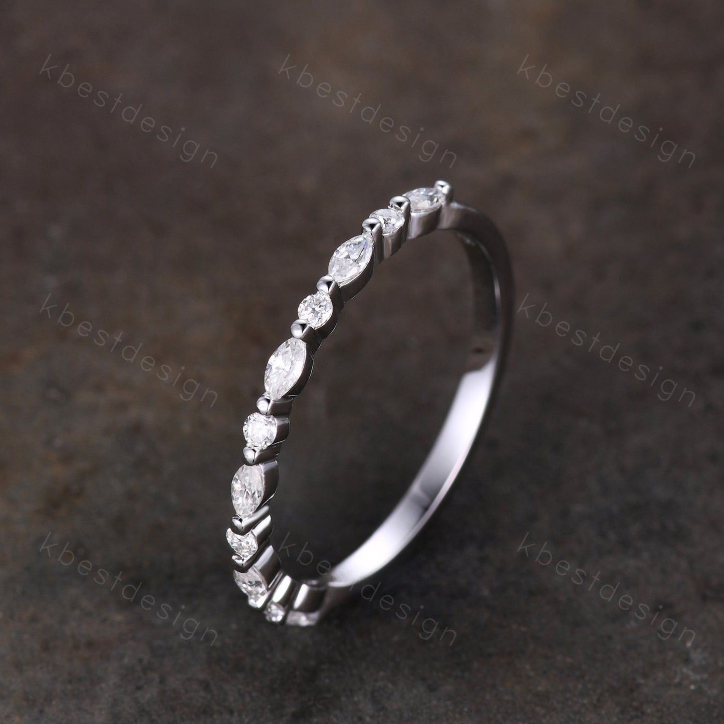 Dainty Moissanite wedding band set women marquise cut half eternity band silver wedding band Unique Stacking Matching anniversary ring gift