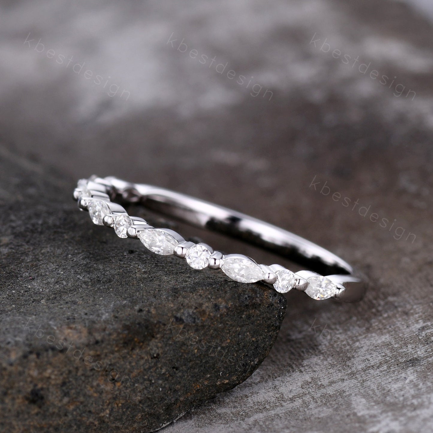 Dainty Moissanite wedding band set women marquise cut half eternity band silver wedding band Unique Stacking Matching anniversary ring gift