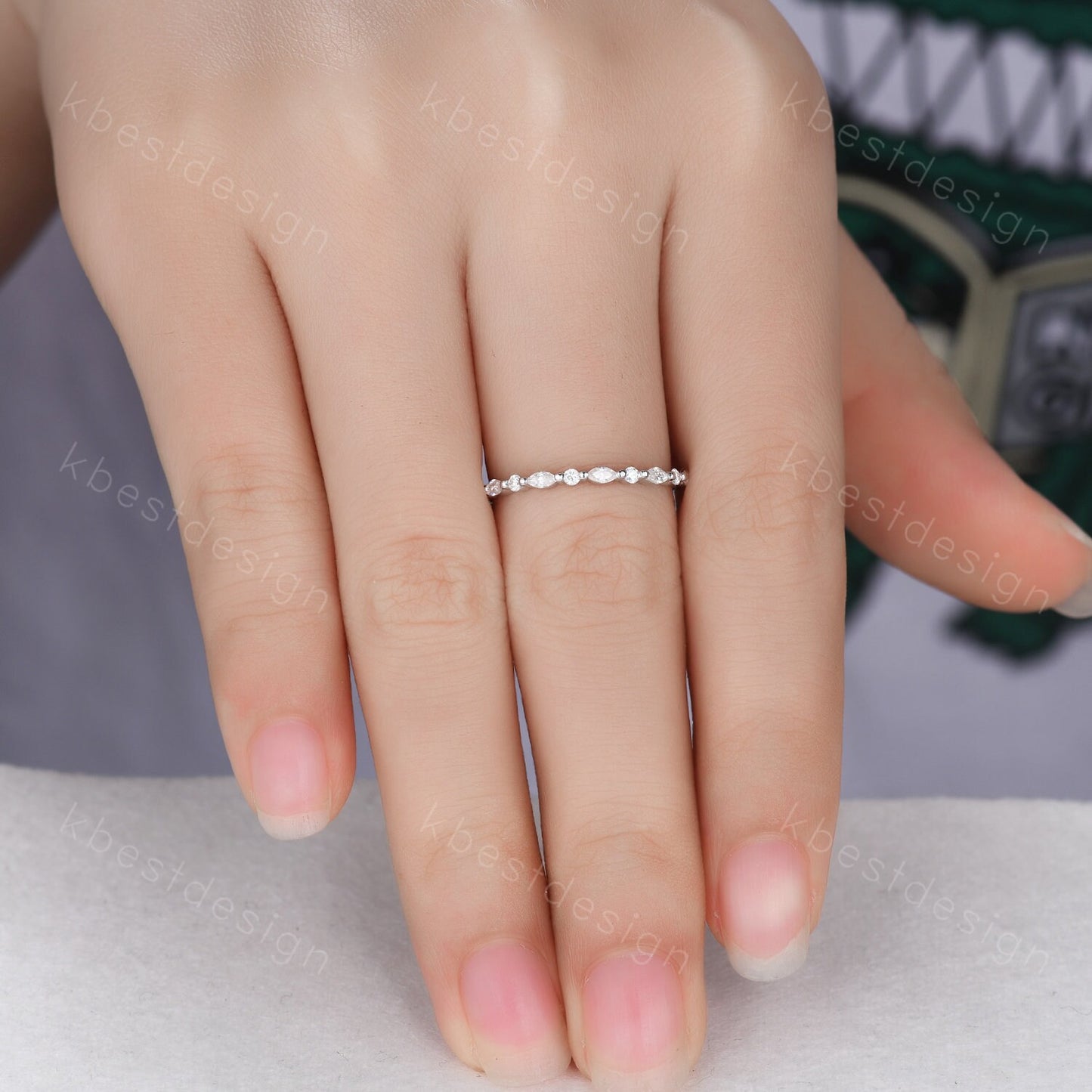 Dainty Moissanite wedding band set women marquise cut half eternity band silver wedding band Unique Stacking Matching anniversary ring gift