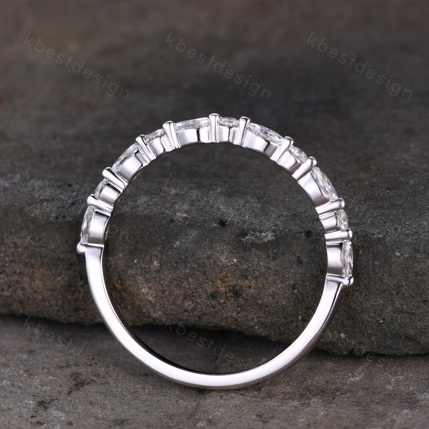Dainty Moissanite wedding band set women marquise cut half eternity band silver wedding band Unique Stacking Matching anniversary ring gift