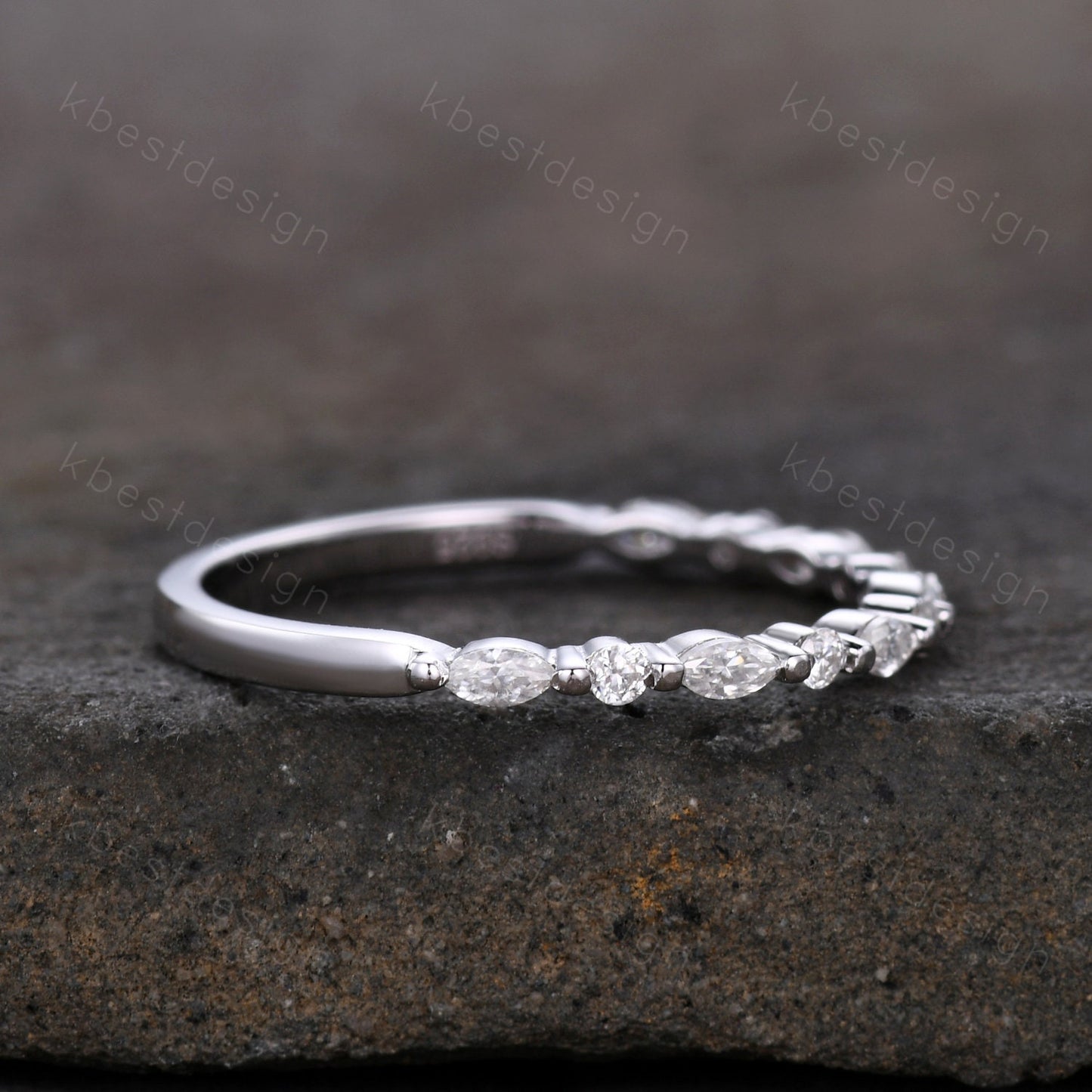 Dainty Moissanite wedding band set women marquise cut half eternity band silver wedding band Unique Stacking Matching anniversary ring gift