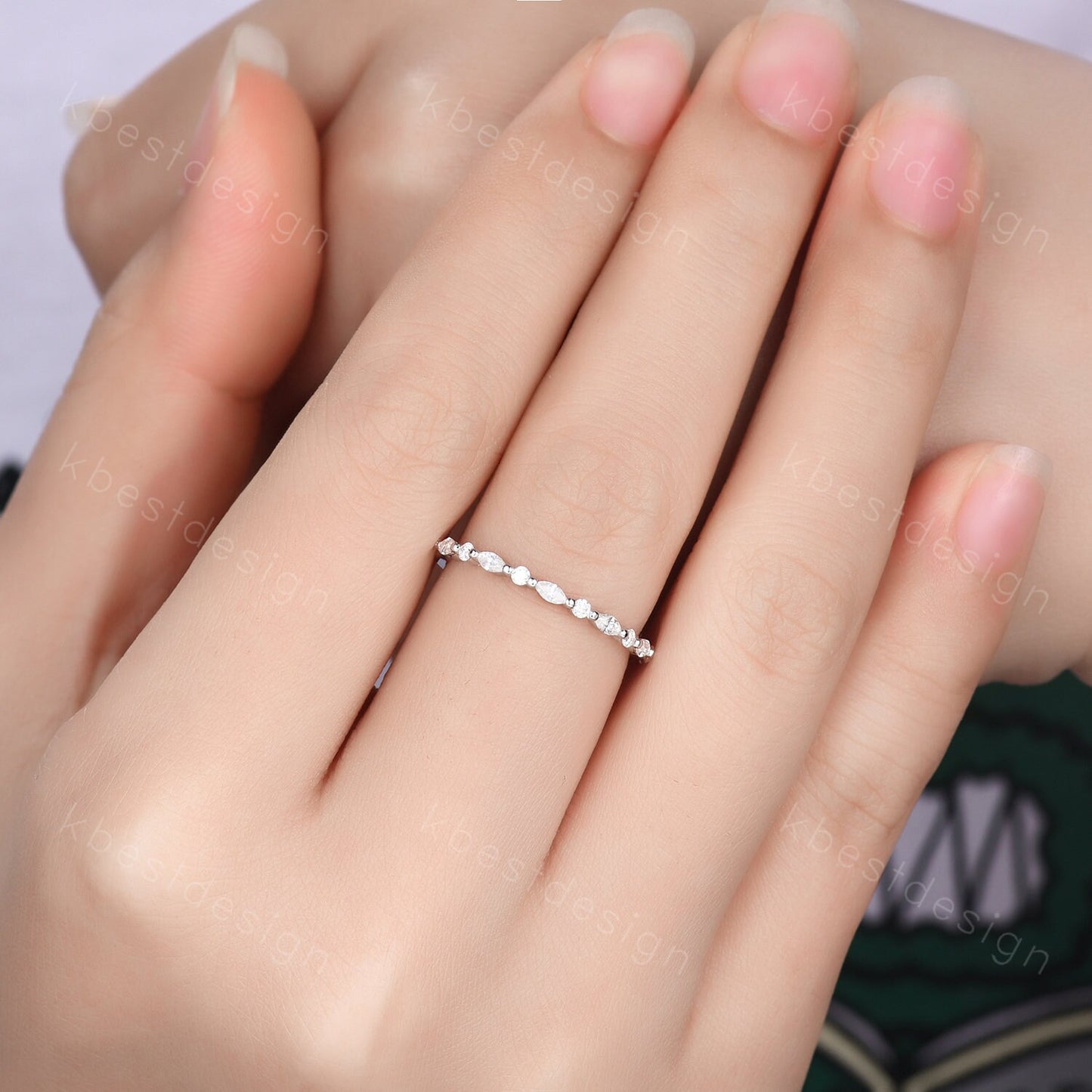 Dainty Moissanite wedding band set women marquise cut half eternity band silver wedding band Unique Stacking Matching anniversary ring gift