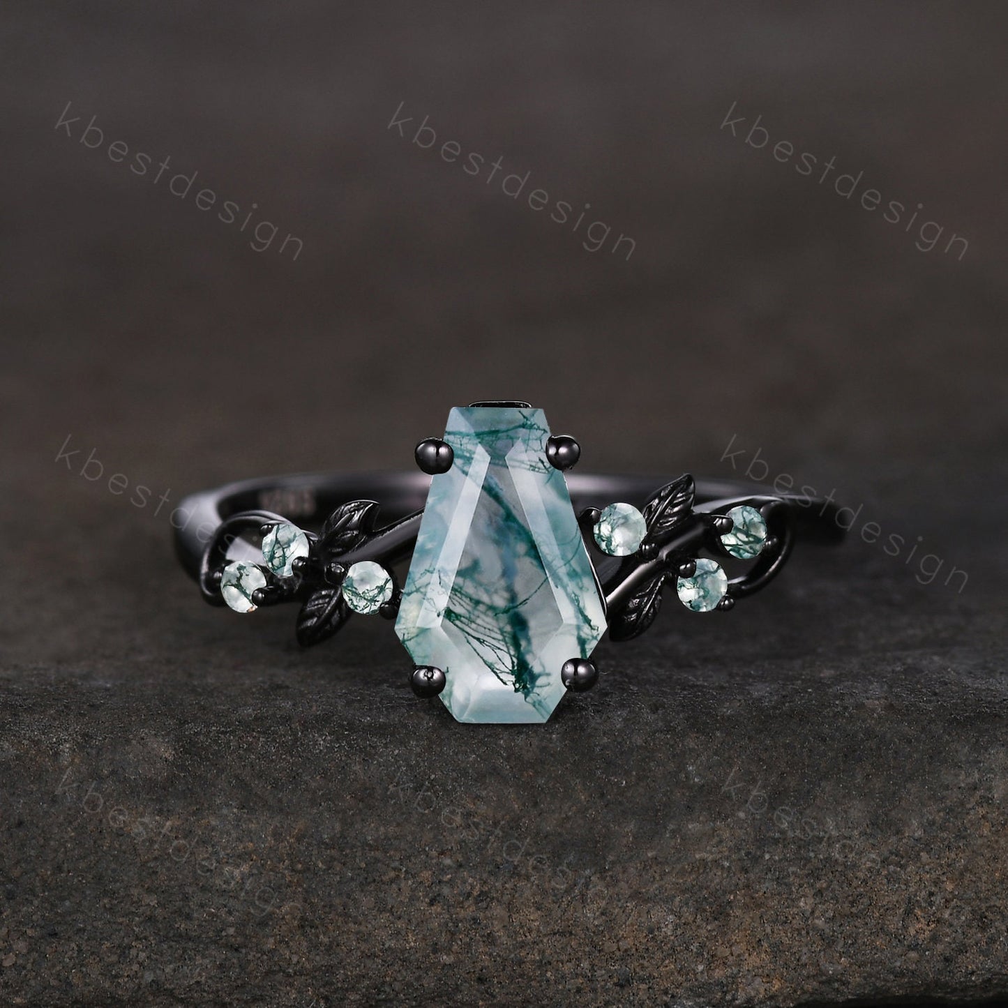 Vintage coffin moss agate engagement ring set black gold twig leaf ring natural green agate ring unique bridal wedding ring set promise ring