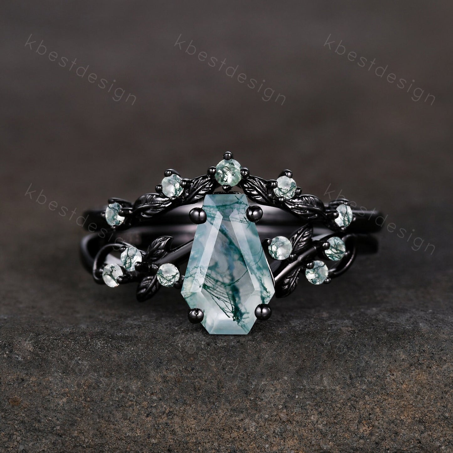 Vintage coffin moss agate engagement ring set black gold twig leaf ring natural green agate ring unique bridal wedding ring set promise ring