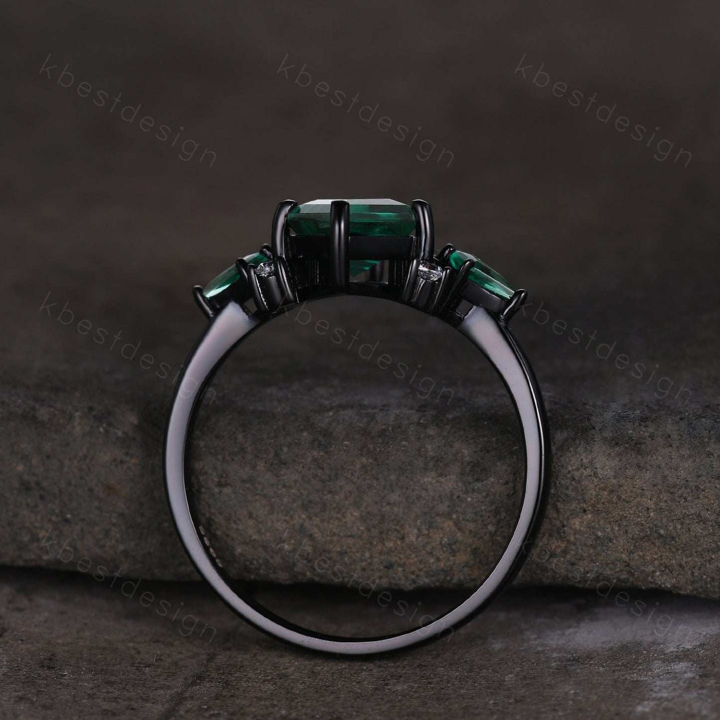 Vintage blue sapphire engagement ring Black gold ring Art deco moon design emerald wedding ring unique cluster bridal promise ring