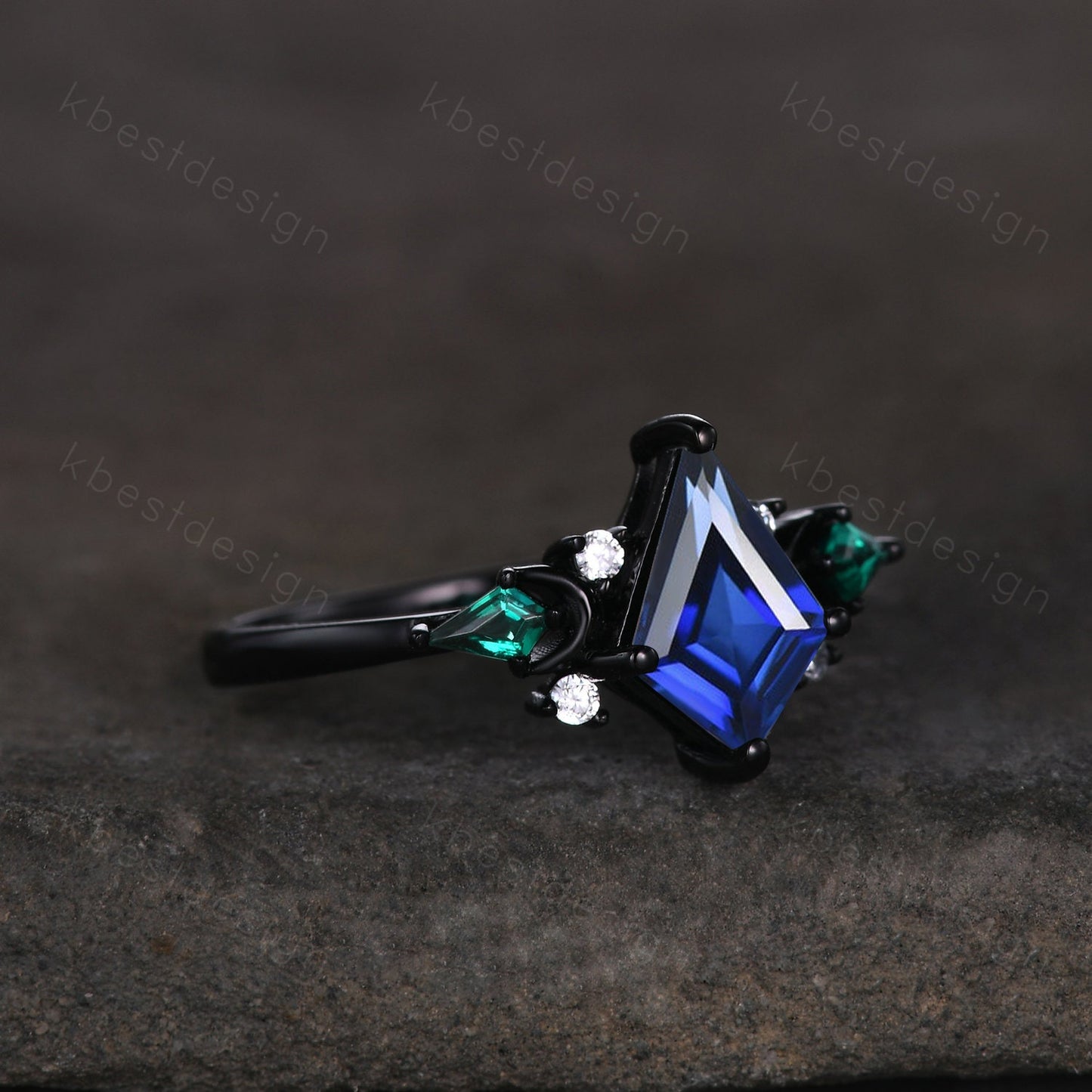 Vintage blue sapphire engagement ring Black gold ring Art deco moon design emerald wedding ring unique cluster bridal promise ring