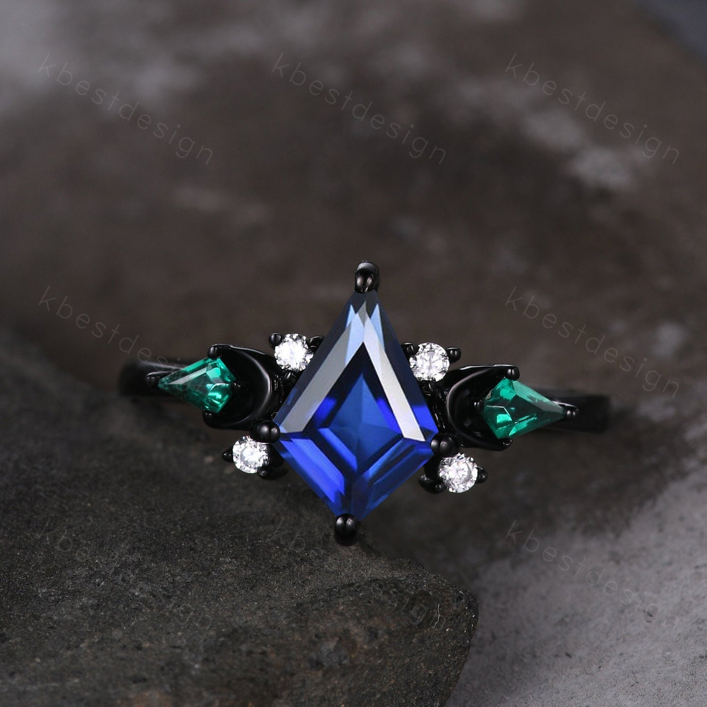 Vintage blue sapphire engagement ring Black gold ring Art deco moon design emerald wedding ring unique cluster bridal promise ring