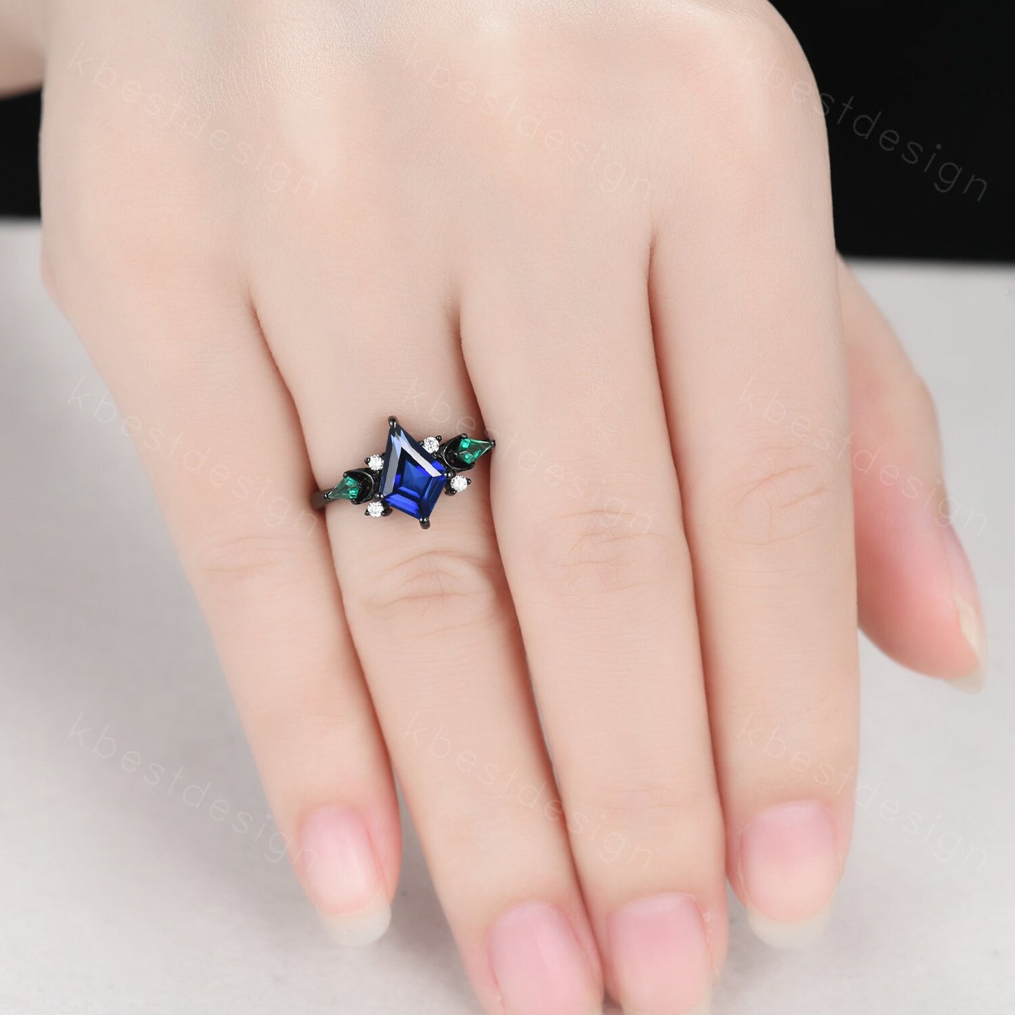 Vintage blue sapphire engagement ring Black gold ring Art deco moon design emerald wedding ring unique cluster bridal promise ring